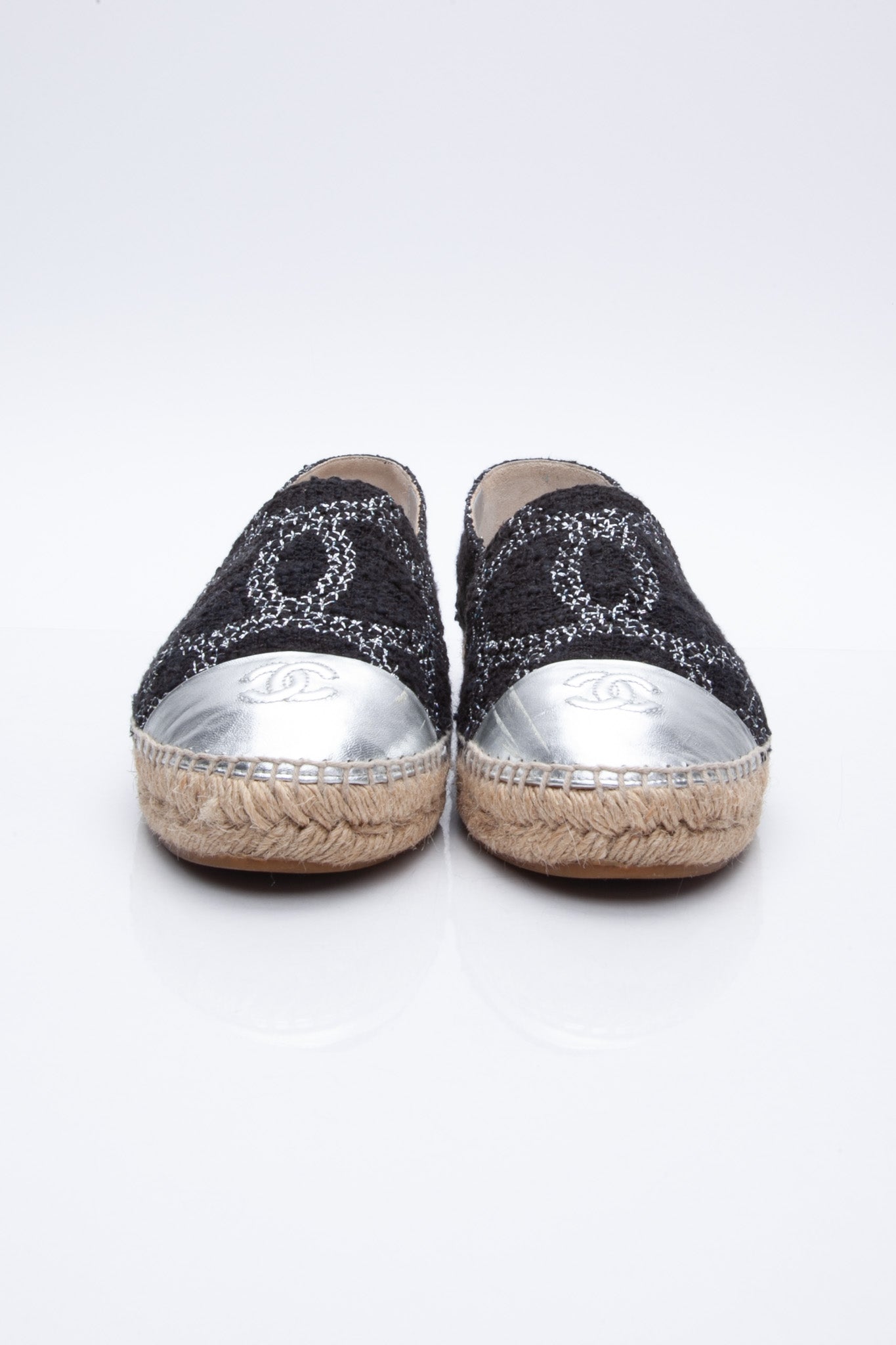 CHANEL Black Silver CC Espadrilles 41
