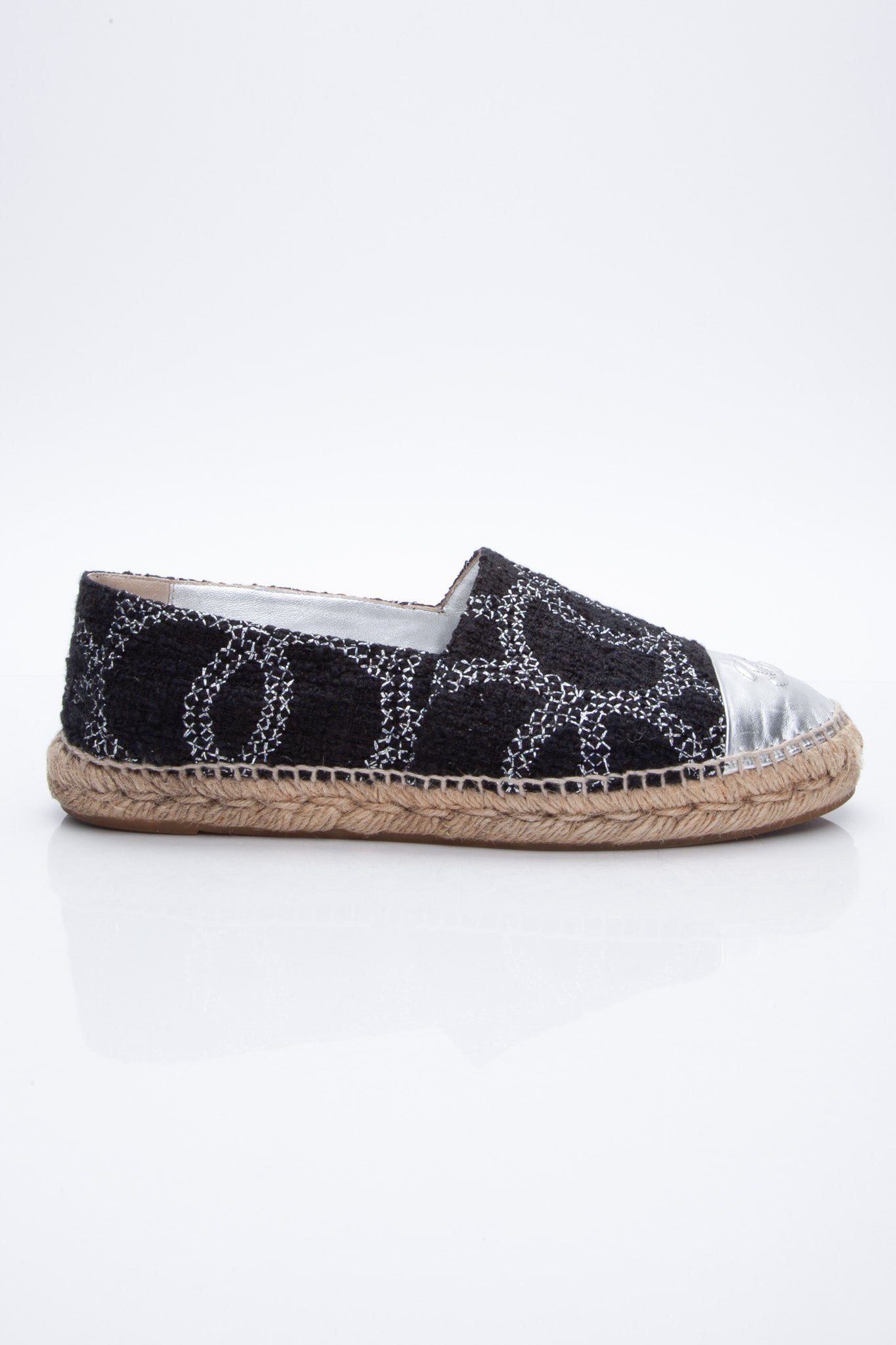 CHANEL Black Silver CC Espadrilles 41