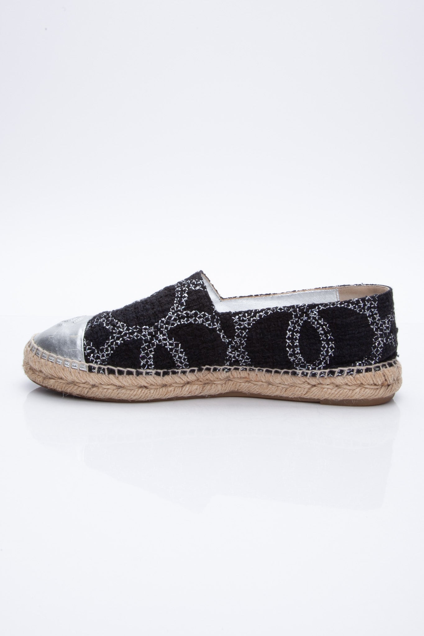 CHANEL Black Silver CC Espadrilles 41