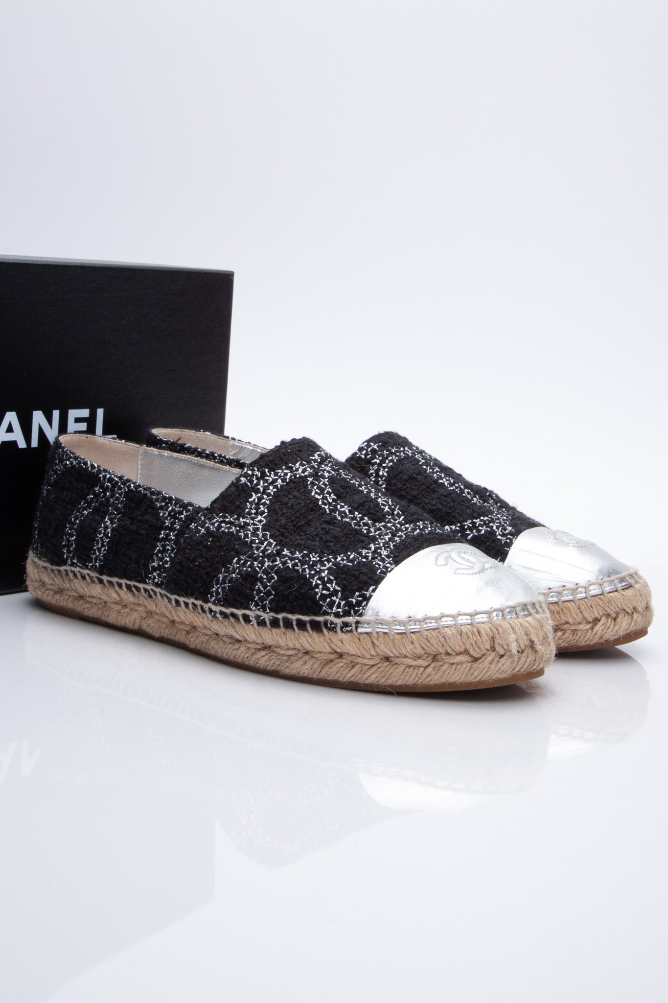 CHANEL Black Silver CC Espadrilles 41