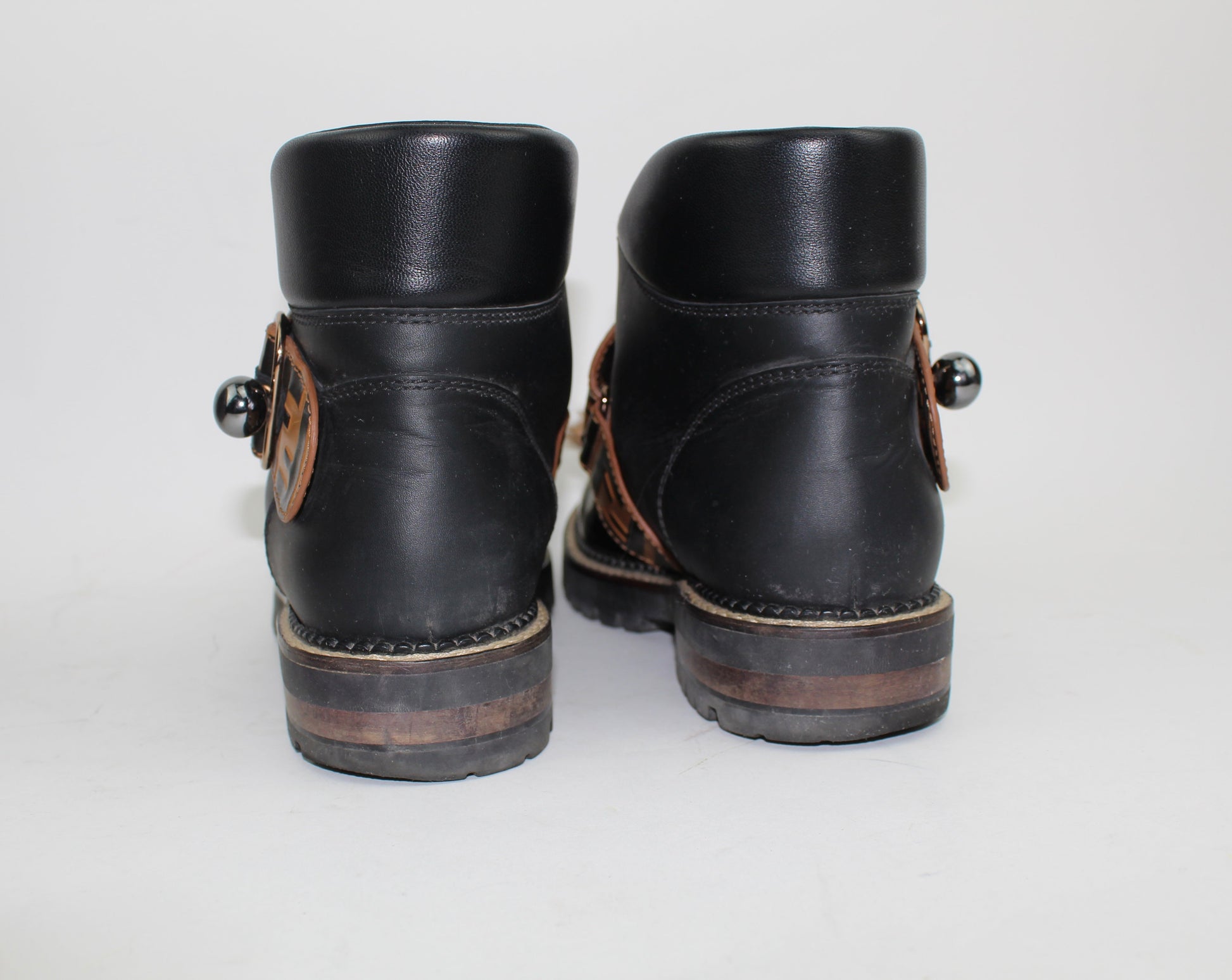 FENDI WOMEN'S FUR-TRIMMED LEATHER ANKLE BOOTS