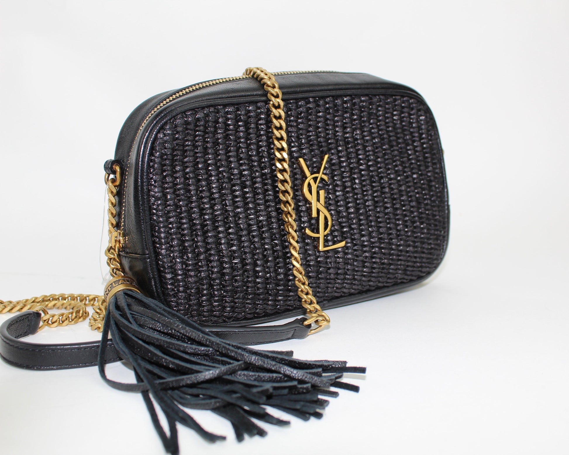 SAINT LAURENT LOU MINI BAG IN RAFFIA AND VINTAGE LEATHER