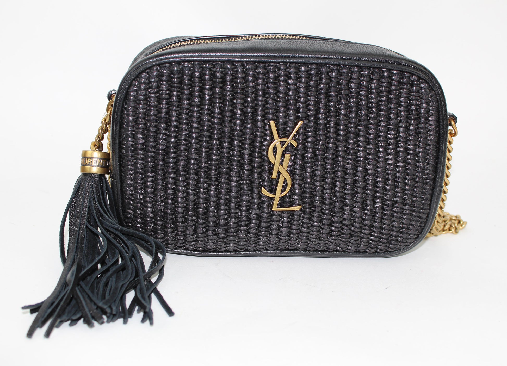 SAINT LAURENT LOU MINI BAG IN RAFFIA AND VINTAGE LEATHER
