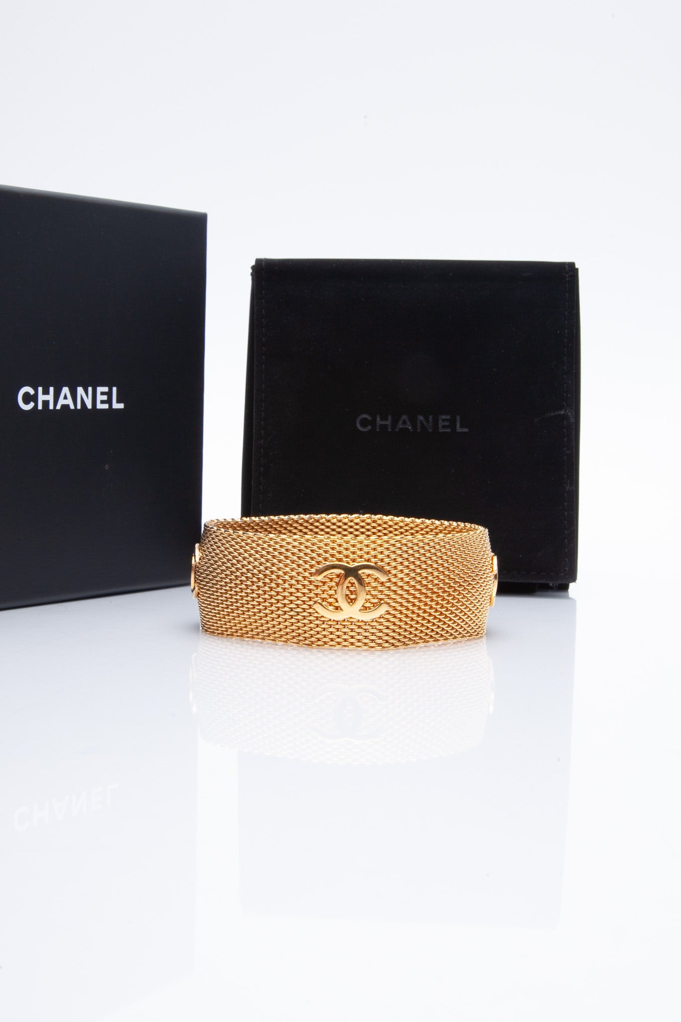 CHANEL CC Gold Plated Mesh Bangle Bracelet Vintage