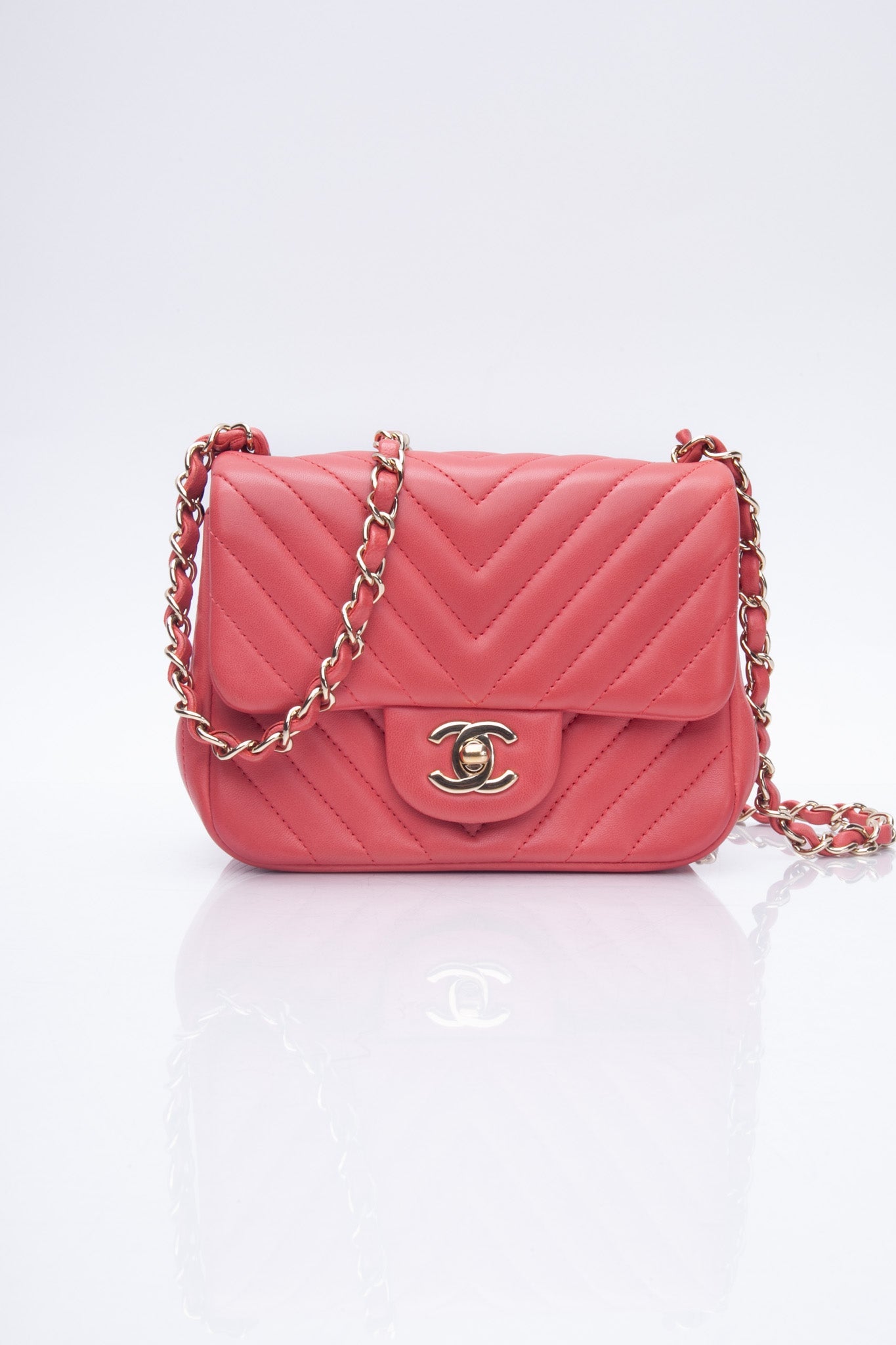 CHANEL Chevron Pink Lambskin Square Mini Flap Bag
