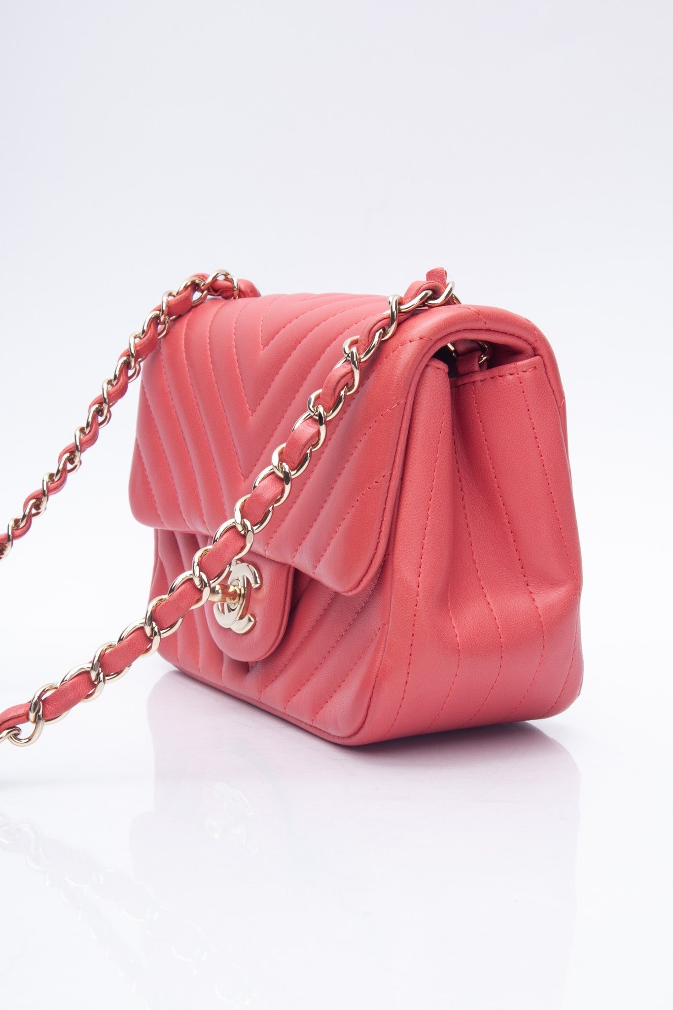CHANEL Chevron Pink Lambskin Square Mini Flap Bag