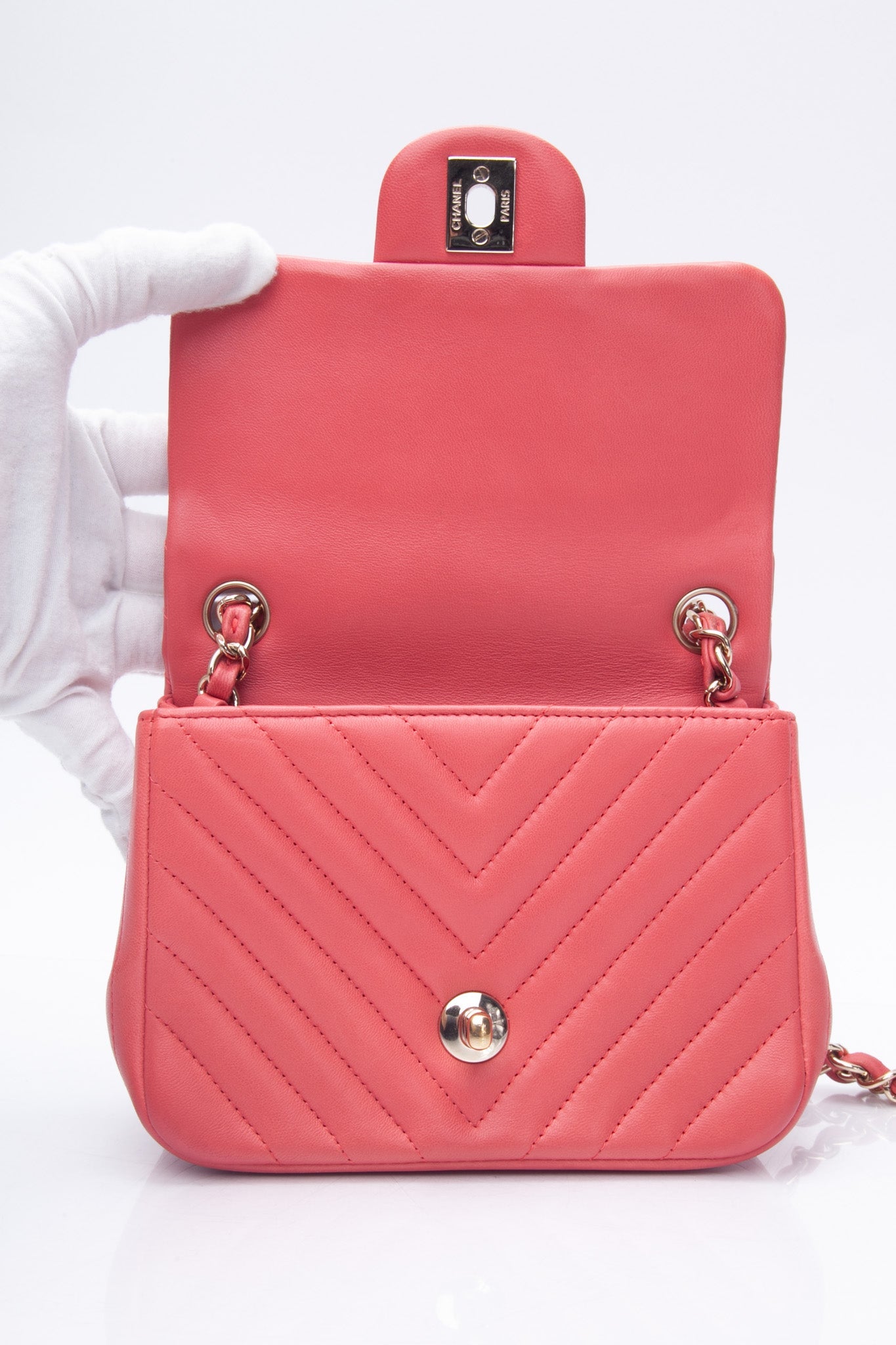 CHANEL Chevron Pink Lambskin Square Mini Flap Bag