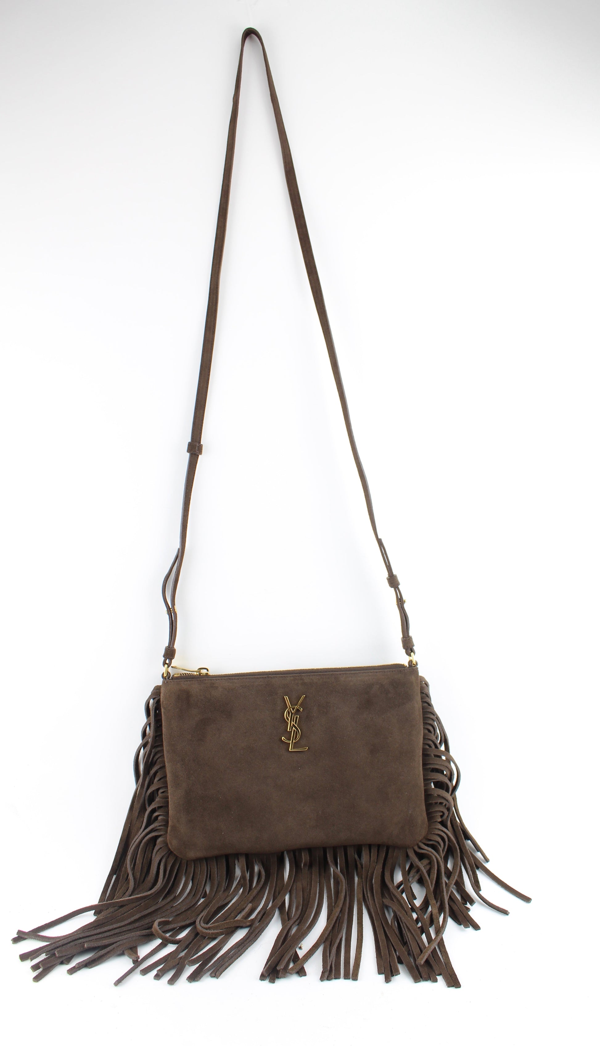 SAINT LAURENT FRINGED CROSSBODY BAG IN BROWN SUEDE