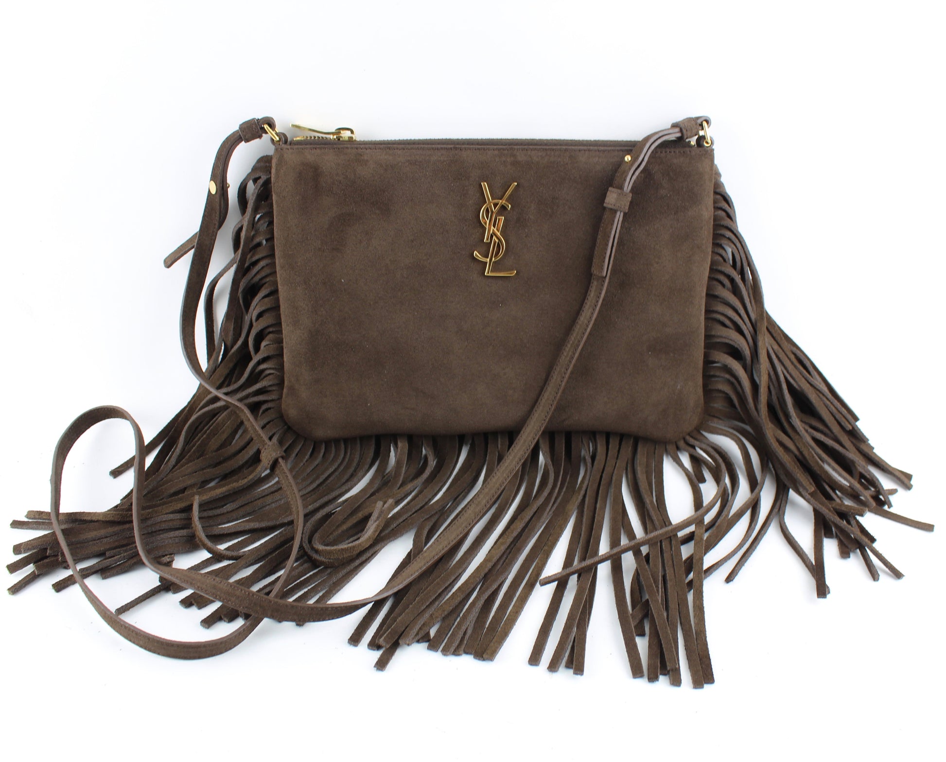 SAINT LAURENT FRINGED CROSSBODY BAG IN BROWN SUEDE