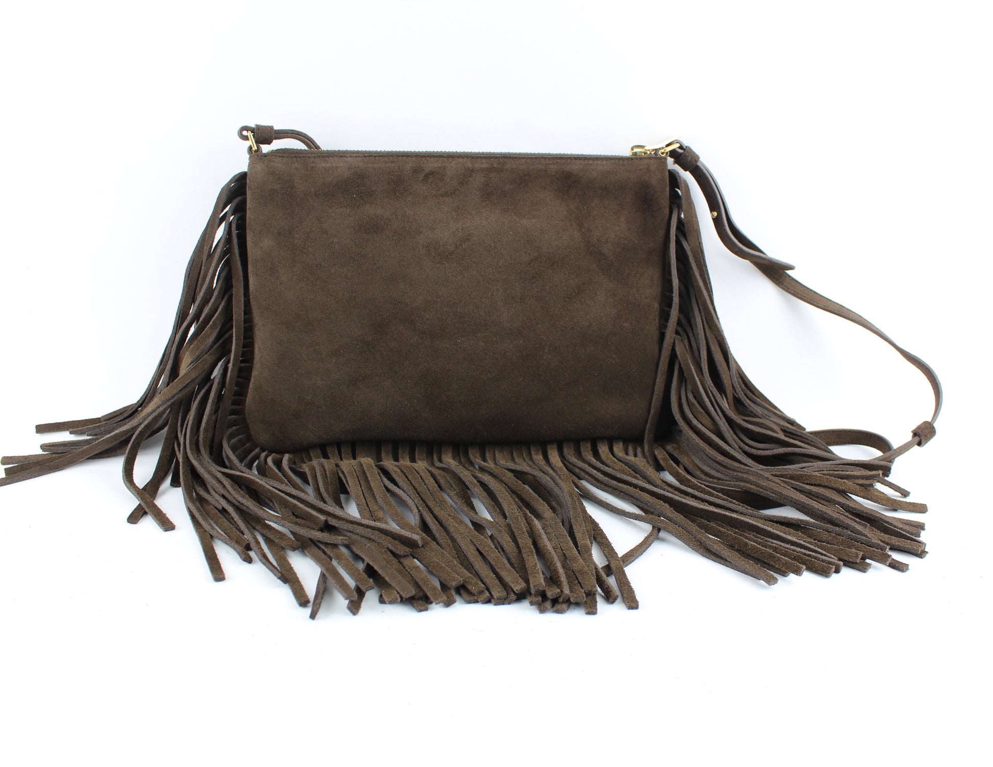 SAINT LAURENT FRINGED CROSSBODY BAG IN BROWN SUEDE