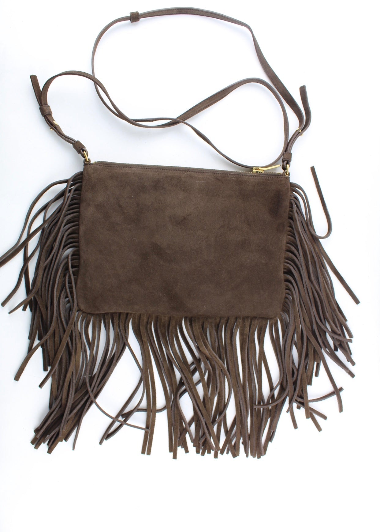 SAINT LAURENT FRINGED CROSSBODY BAG IN BROWN SUEDE