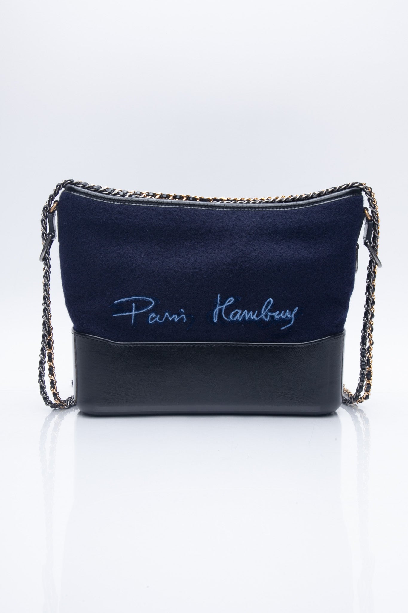 CHANEL Navy Paris Hamburg Felt Gabrielle Hobo Embroidered Wool and Calfskin