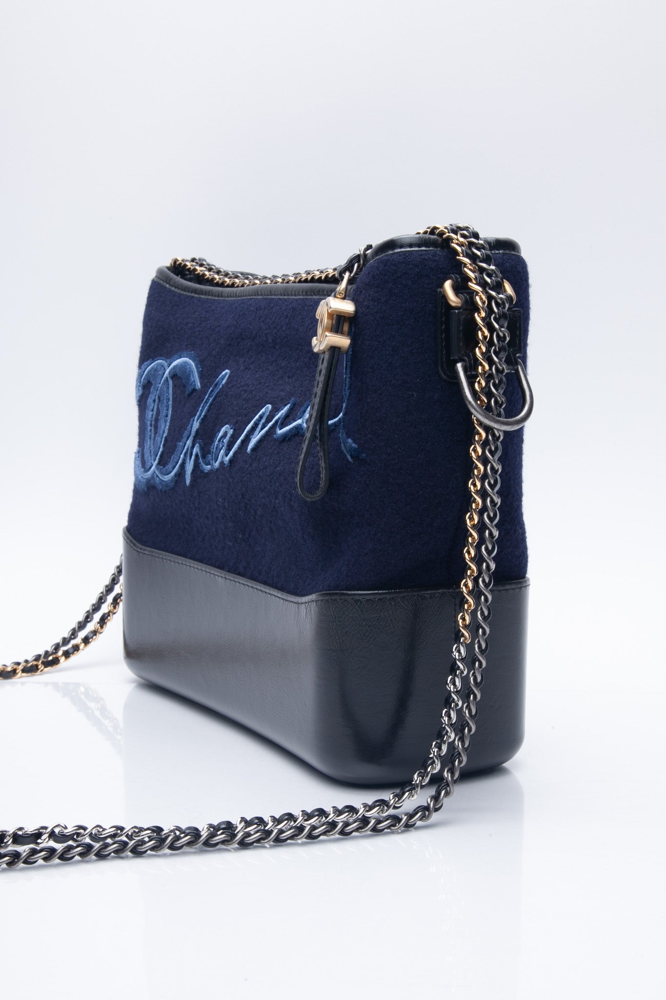 CHANEL Navy Paris Hamburg Felt Gabrielle Hobo Embroidered Wool and Calfskin