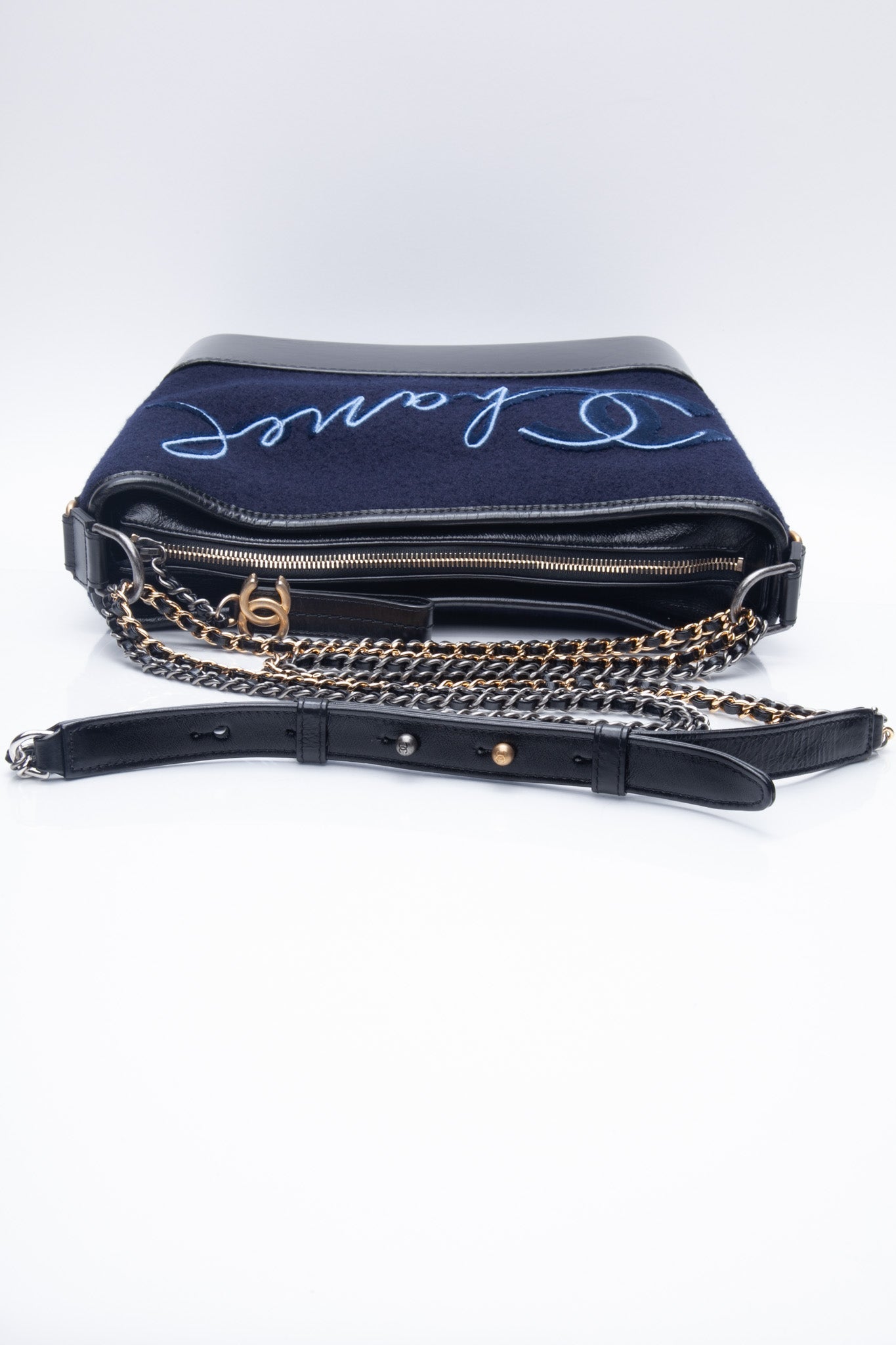 CHANEL Navy Paris Hamburg Felt Gabrielle Hobo Embroidered Wool and Calfskin