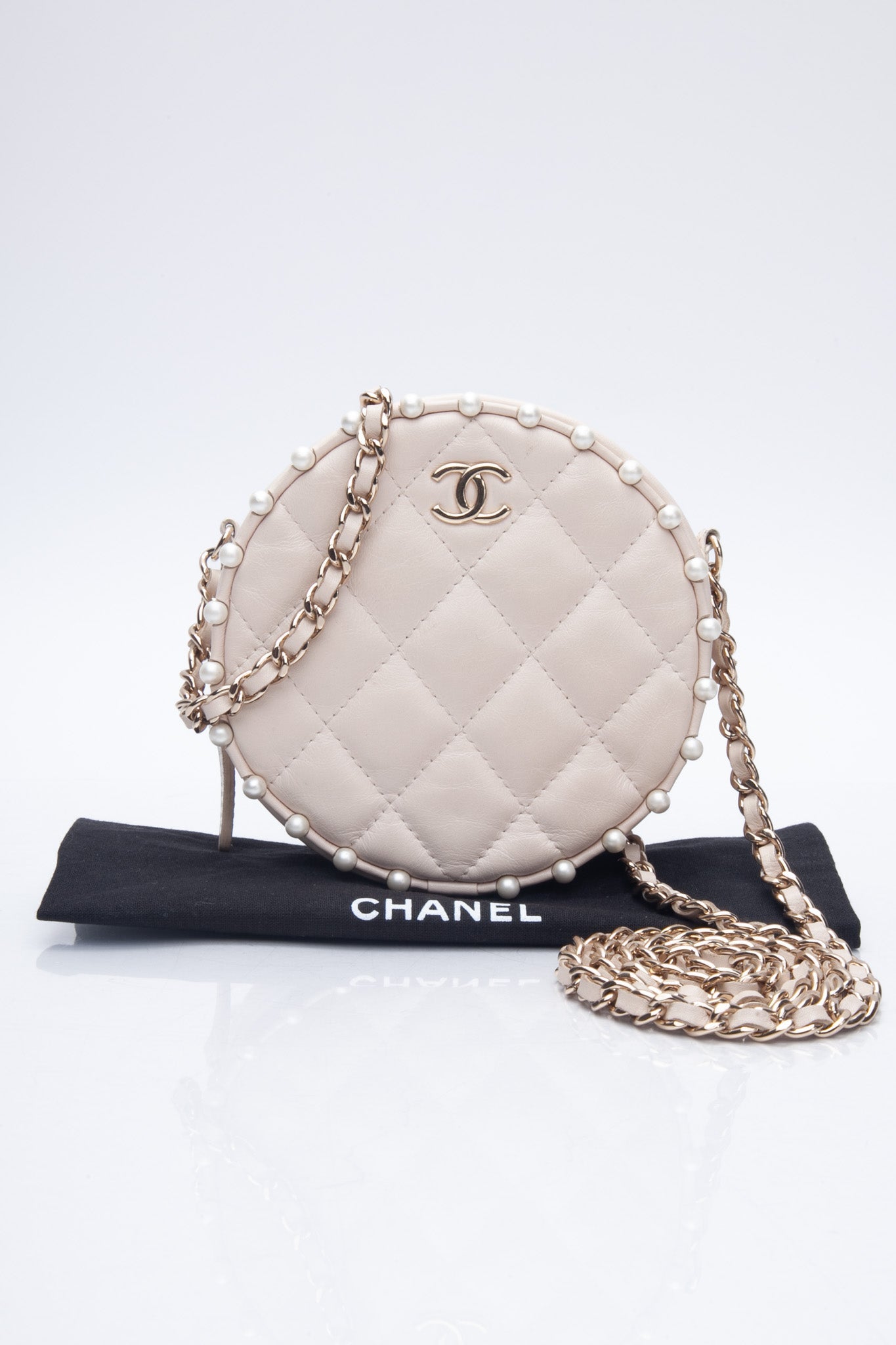 CHANEL Cream Calfskin Quilted Pearl Round Crossbody Bag