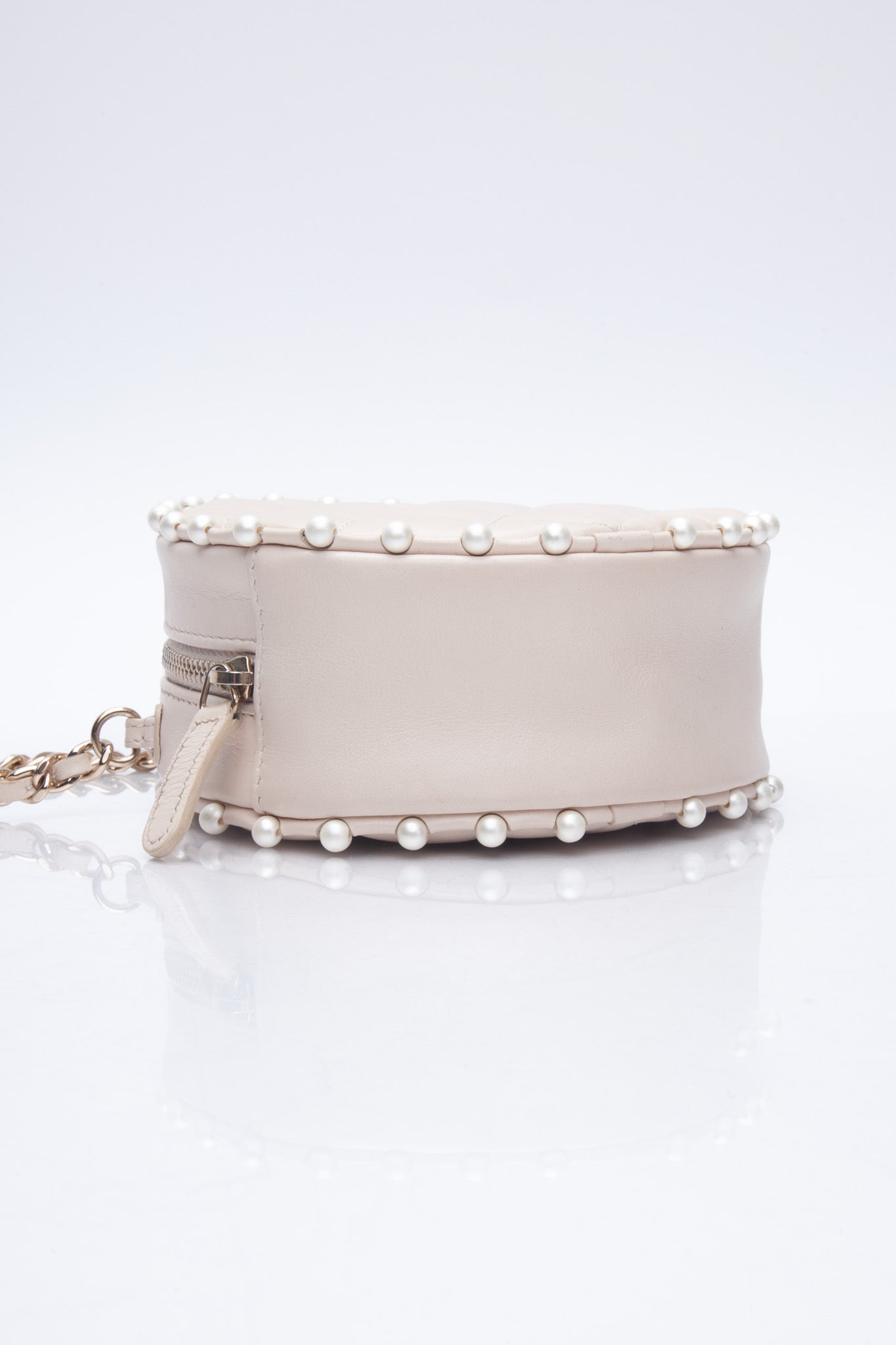 CHANEL Cream Calfskin Quilted Pearl Round Crossbody Bag