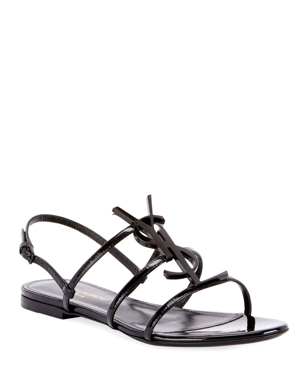 SAINT LAURENT CASSANDRA YSL LOGO FLAT METALLIC SANDALS SIZE 38.5