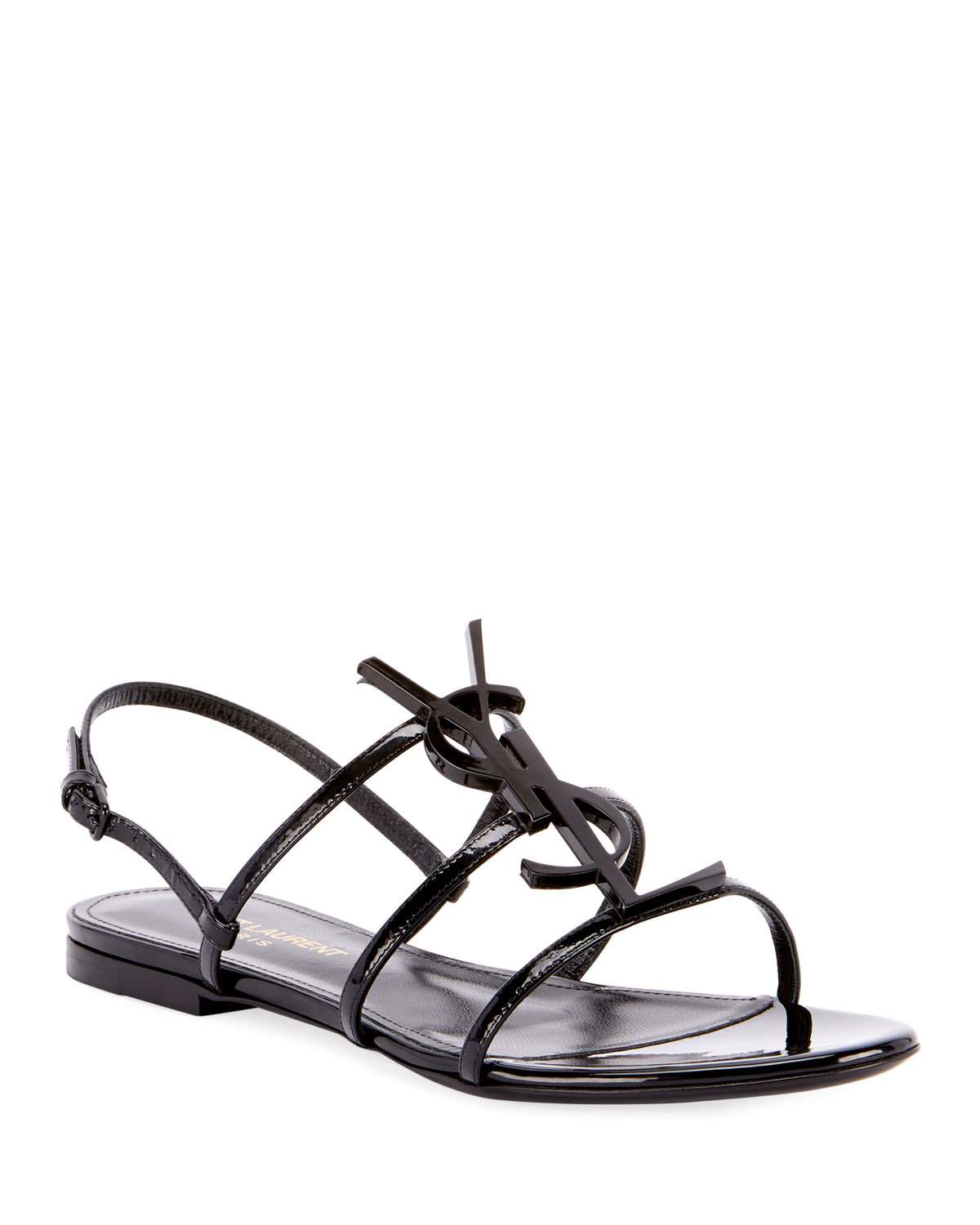 SAINT LAURENT CASSANDRA YSL LOGO FLAT METALLIC SANDALS SIZE 38.5