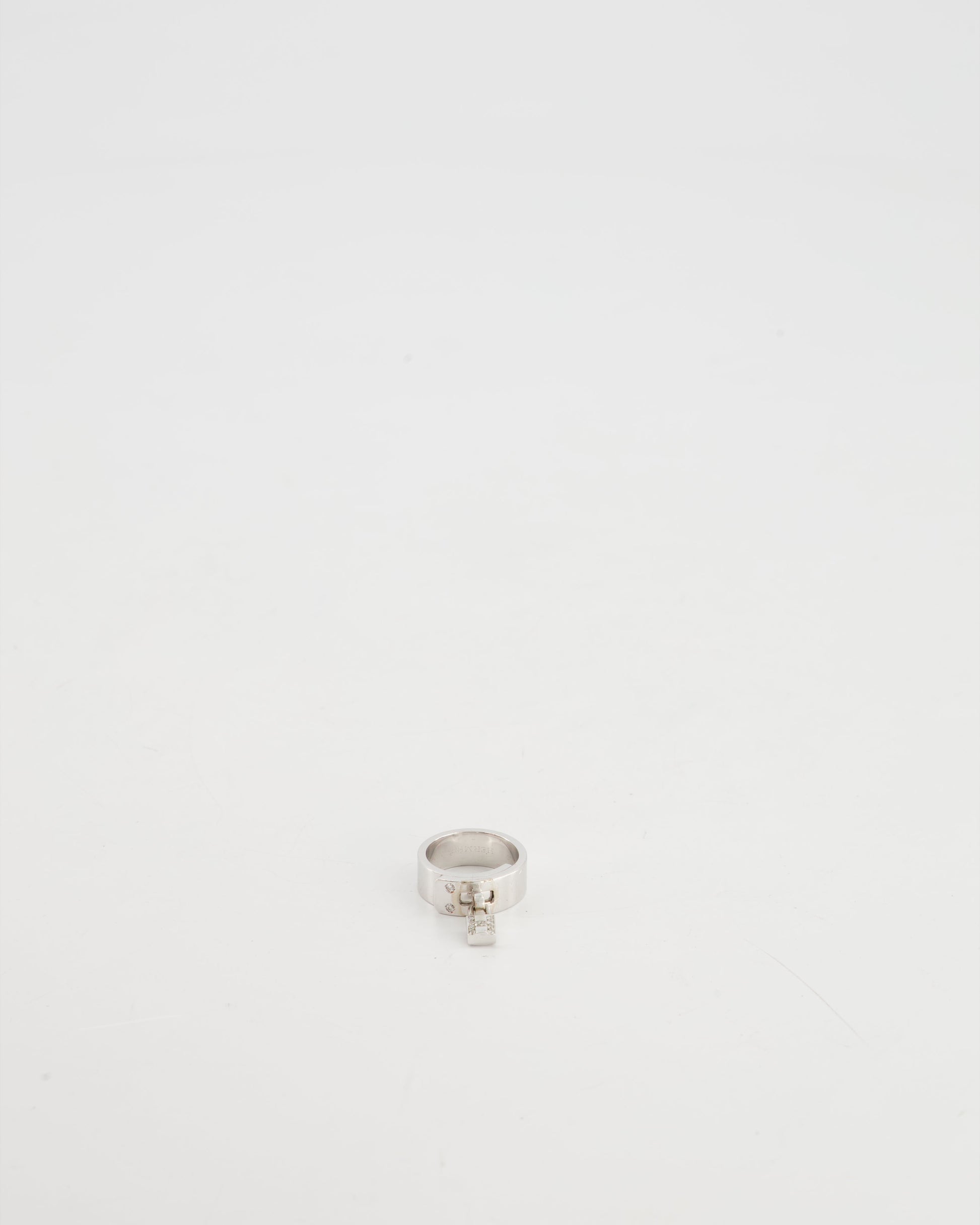 Hermes 18k White Gold Diamond "H" Lock Band Ring Size 51
