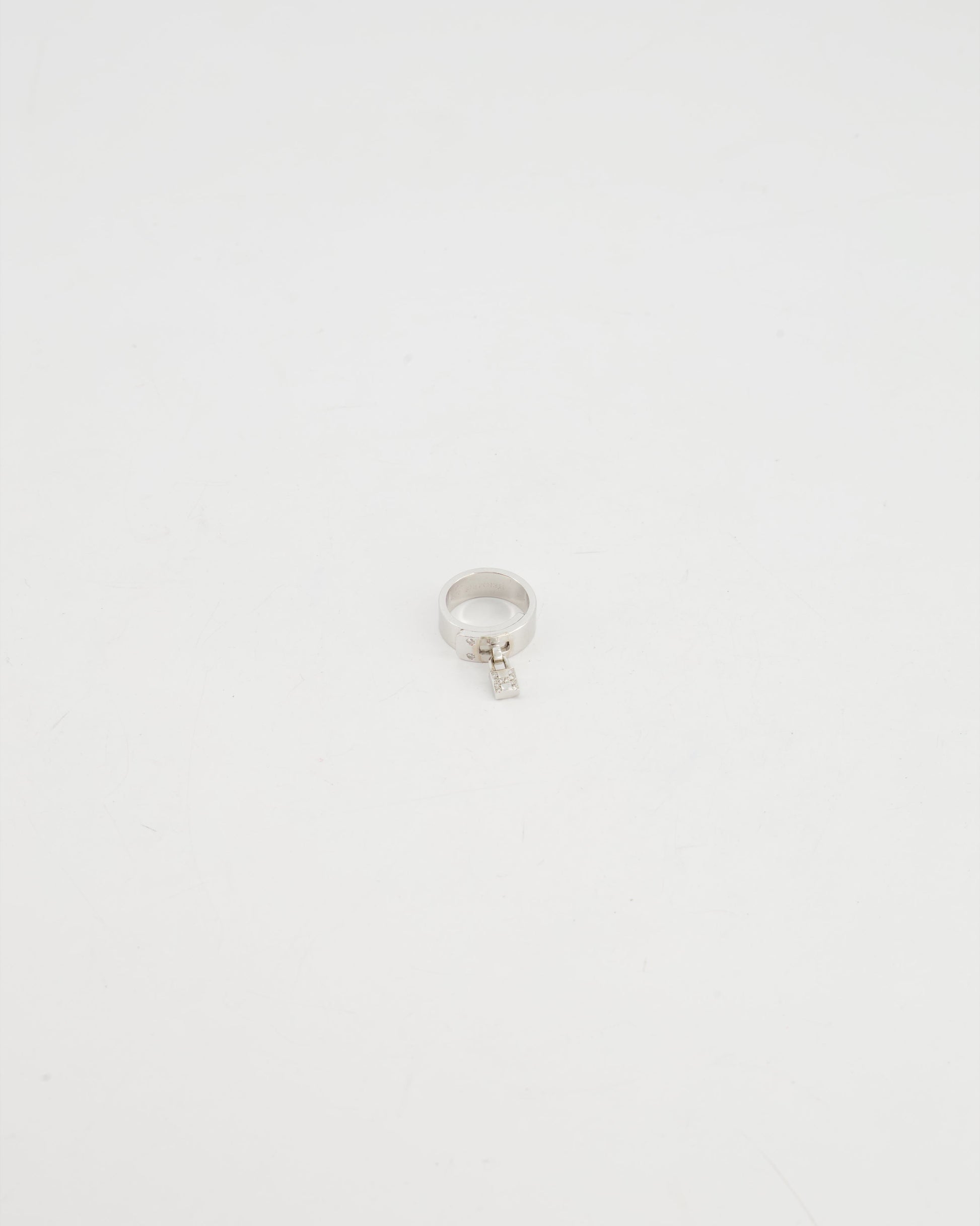 Hermes 18k White Gold Diamond "H" Lock Band Ring Size 51