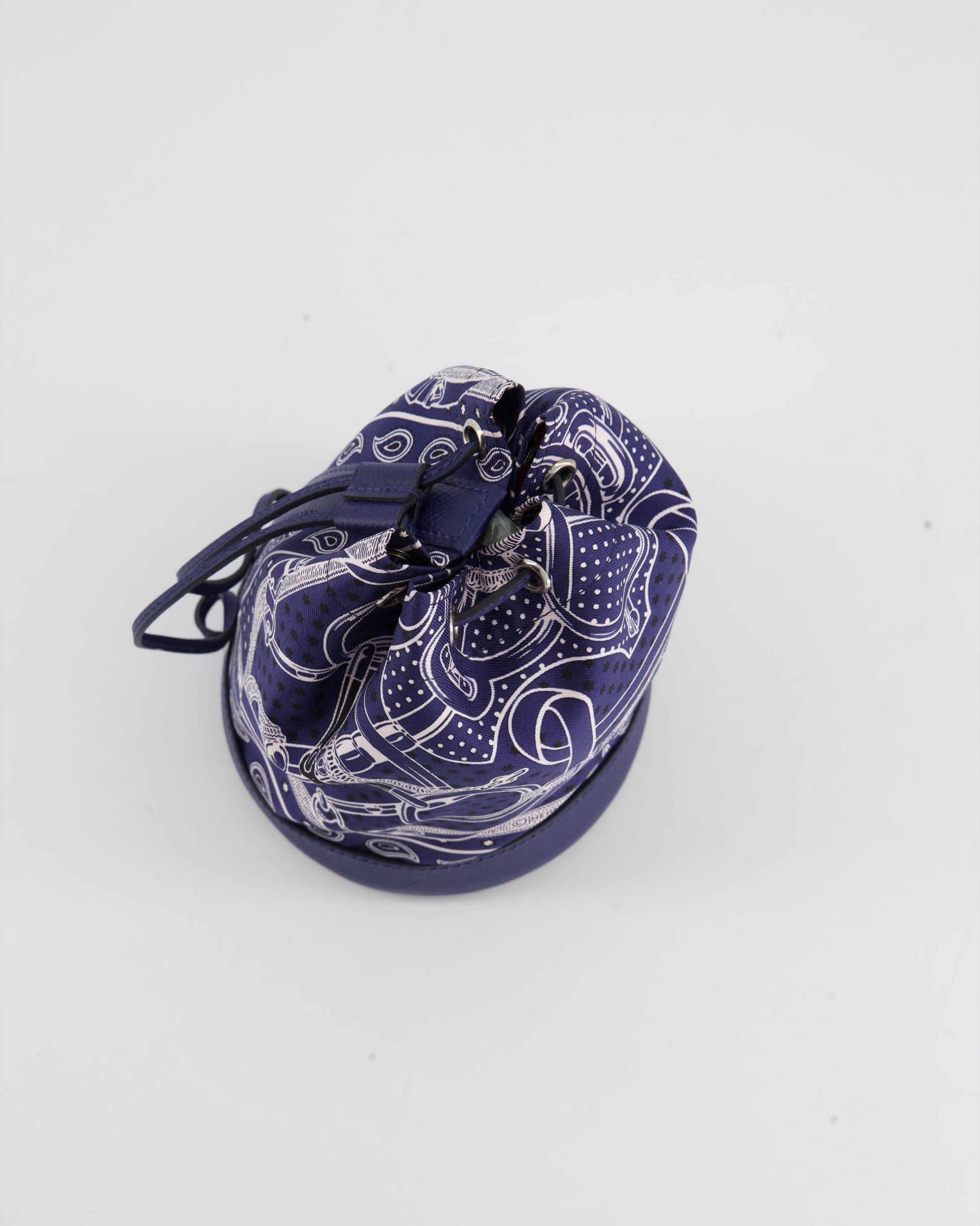 Hermes Soie-Cool Tiny Apron Doll Bag in Bleu Nuit Epsom Leather and Silk with Palladium Hardware