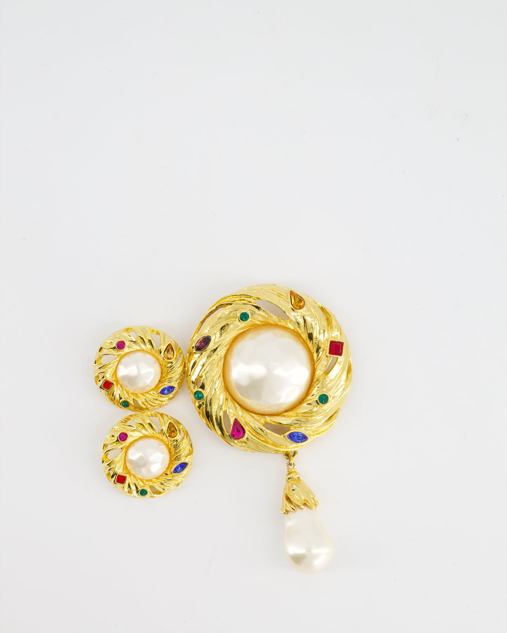 Yves Saint Laurent Pearl Rhinestone Brooch and Earrings Set