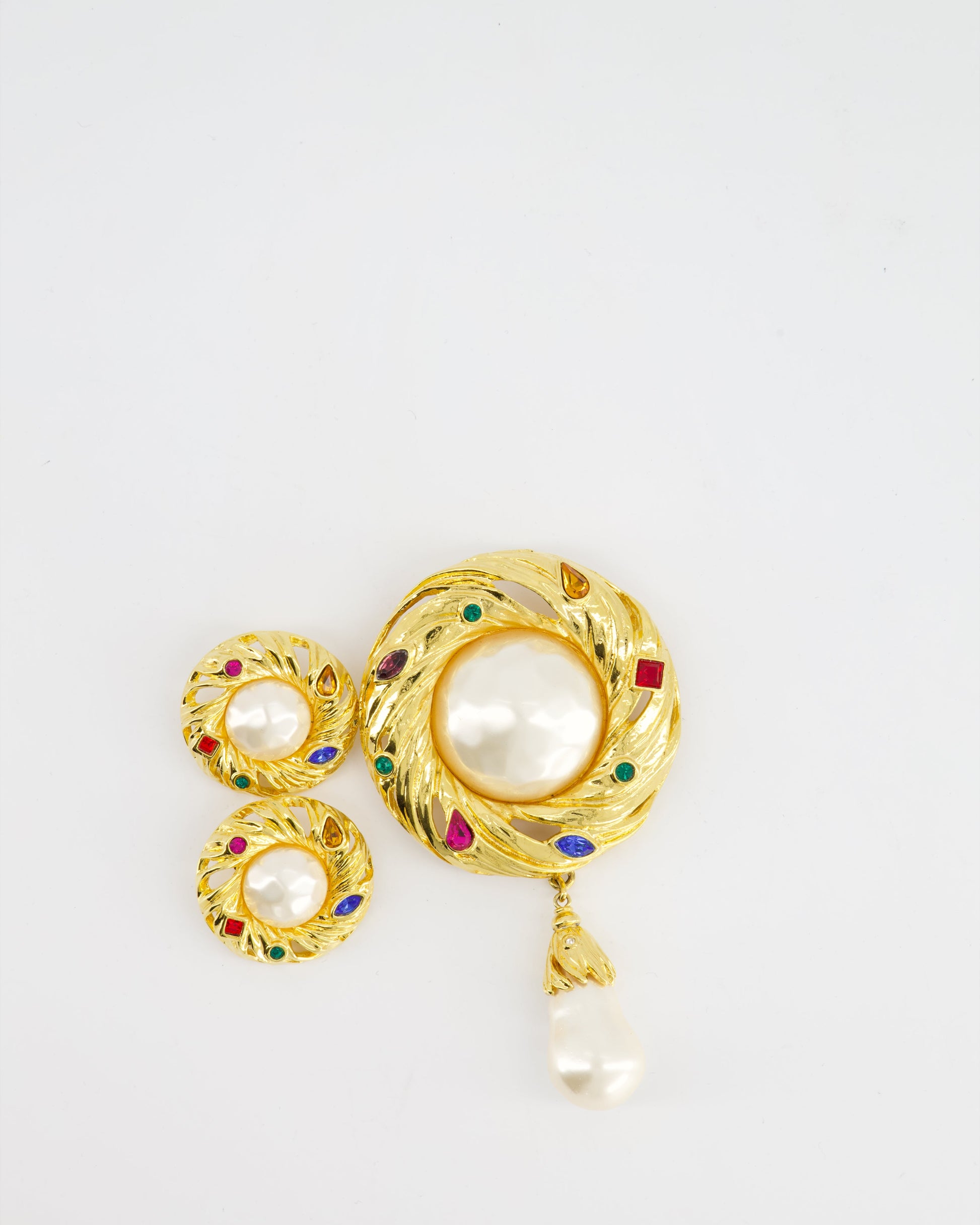 Yves Saint Laurent Pearl Rhinestone Brooch and Earrings Set