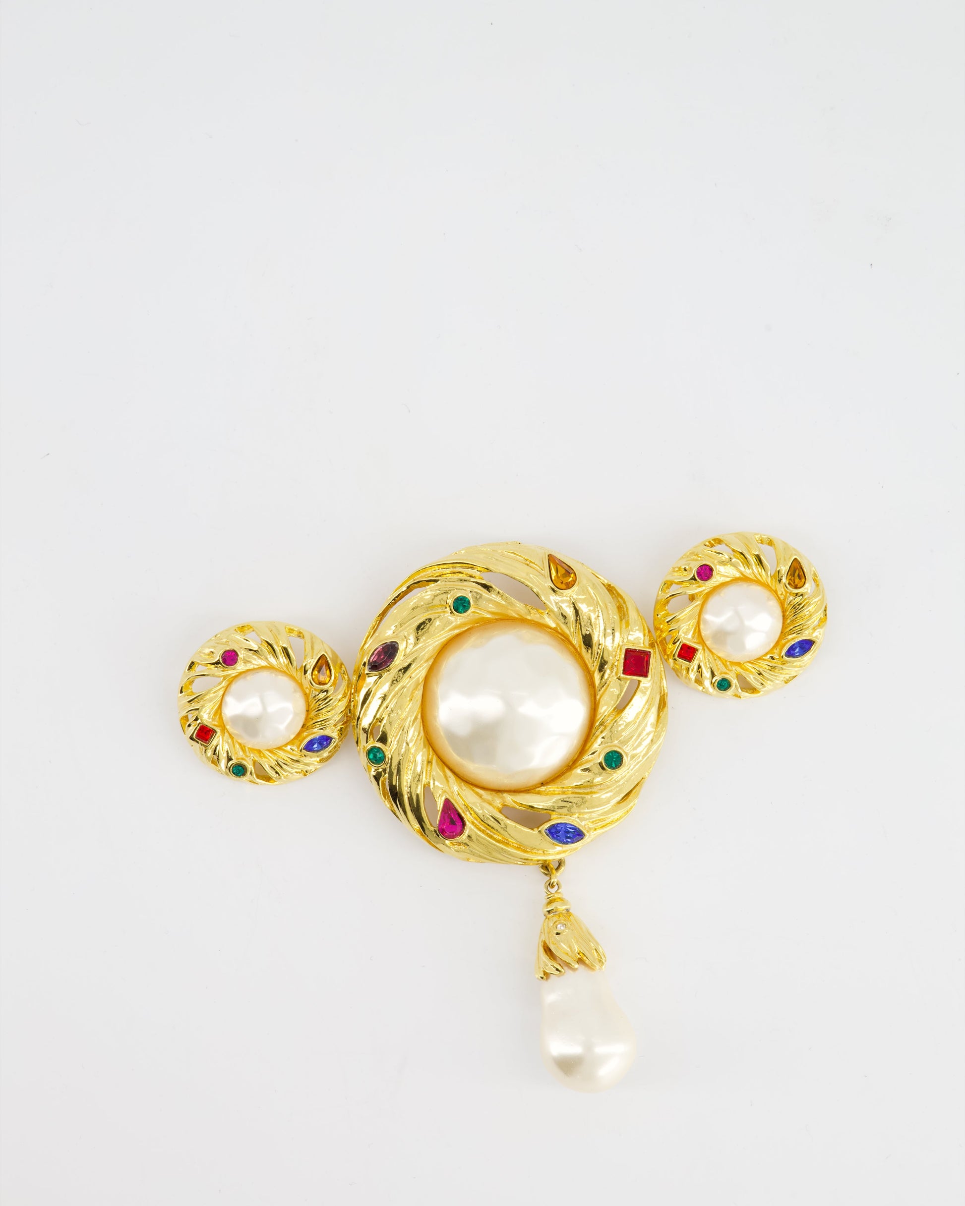 Yves Saint Laurent Pearl Rhinestone Brooch and Earrings Set