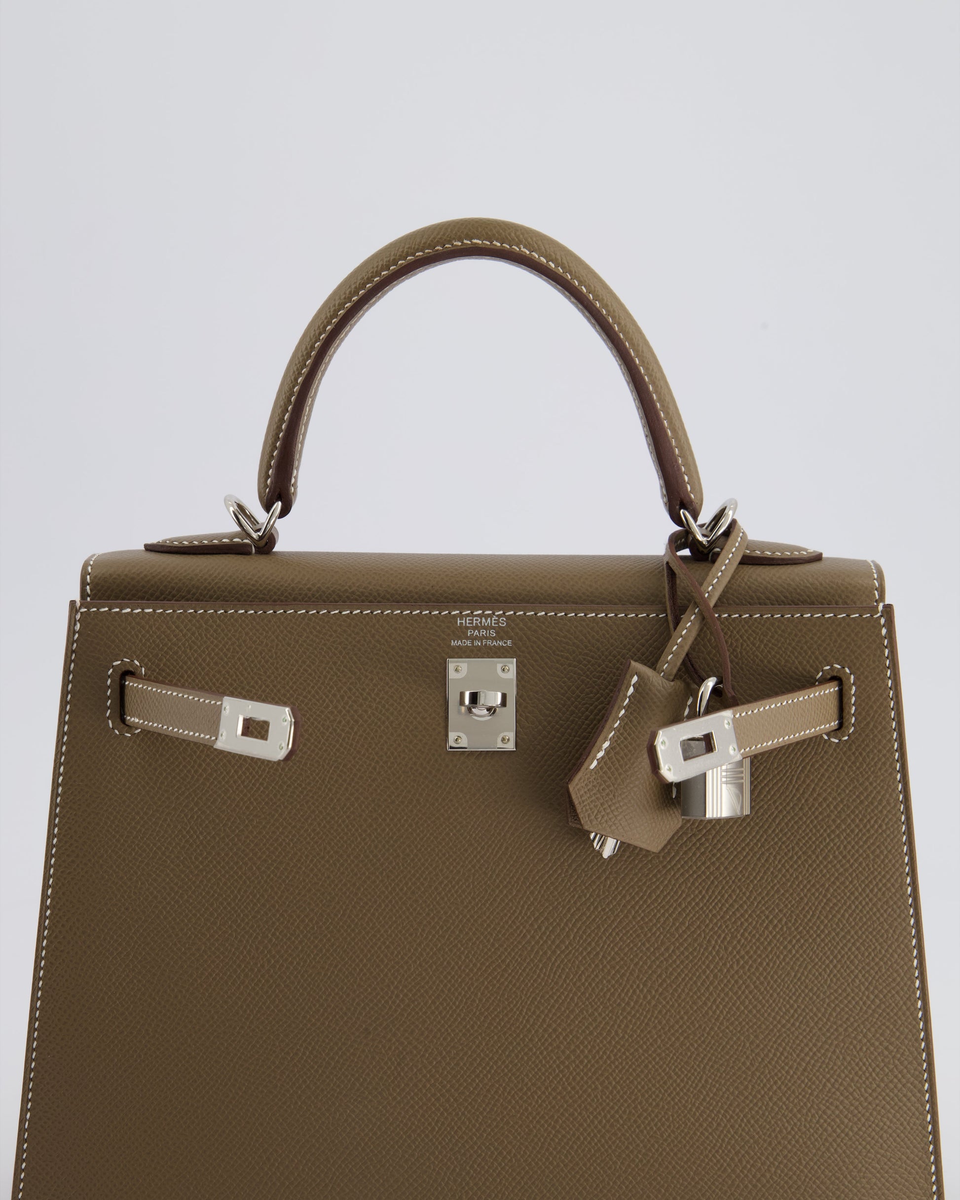 Hermes Kelly Sellier 25cm Bag in Etoupe Epsom Leather with Palladium Hardware