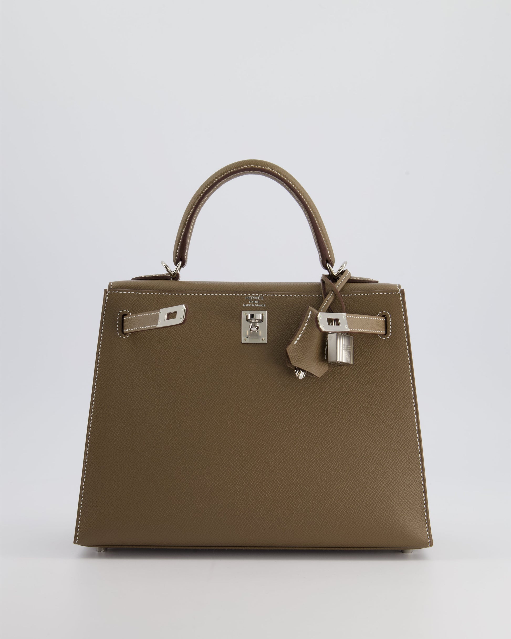 Hermes Kelly Sellier 25cm Bag in Etoupe Epsom Leather with Palladium Hardware