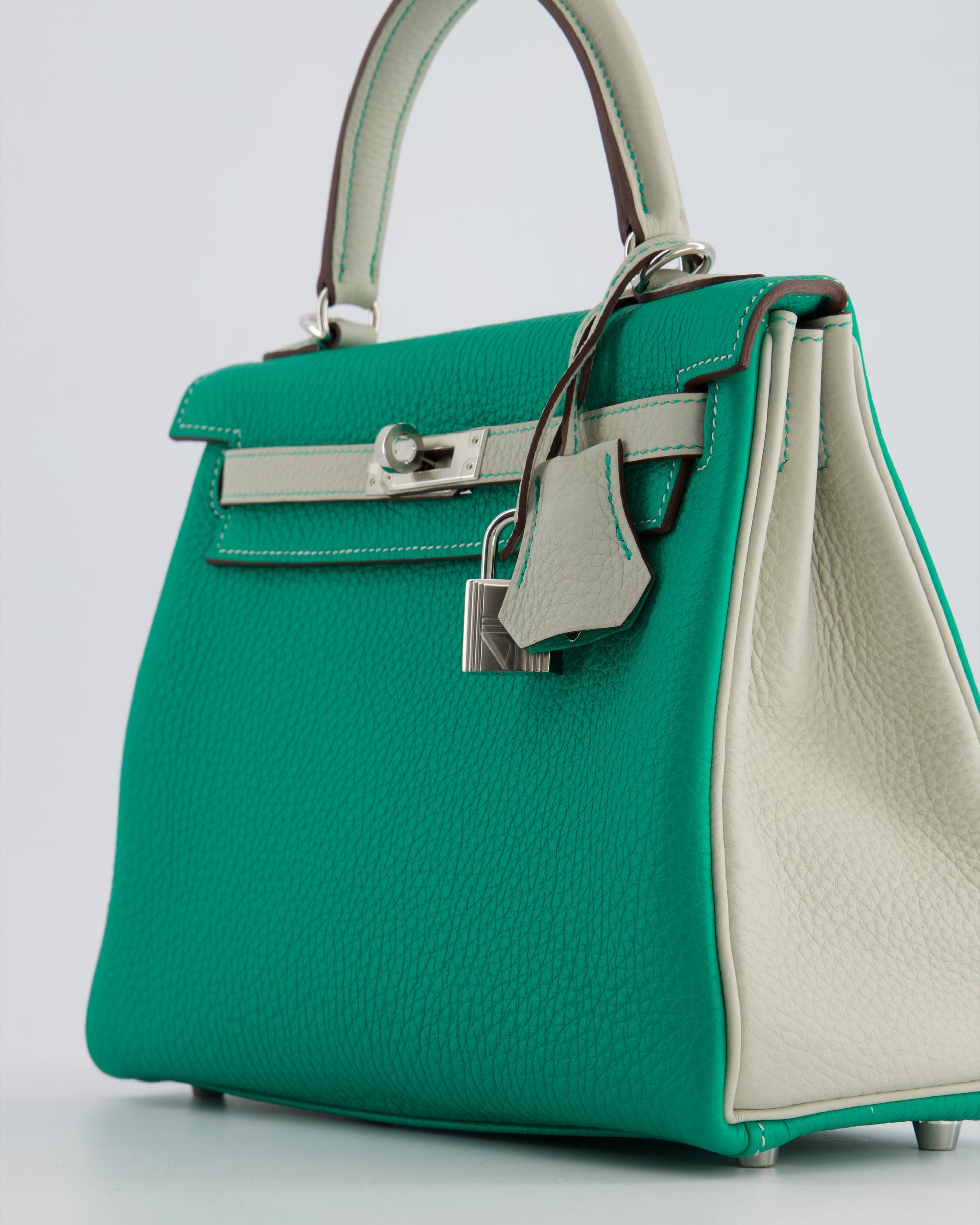 Hermes HSS Kelly Retourne Bi-Colour 25cm Bag in Vert Vertigo & Gris Perle Togo Leather with Palladium Hardware & Contrast Stitching