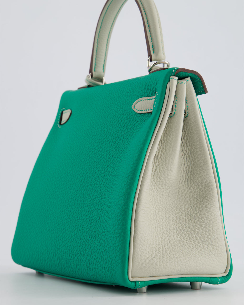 Hermes HSS Kelly Retourne Bi-Colour 25cm Bag in Vert Vertigo & Gris Perle Togo Leather with Palladium Hardware & Contrast Stitching