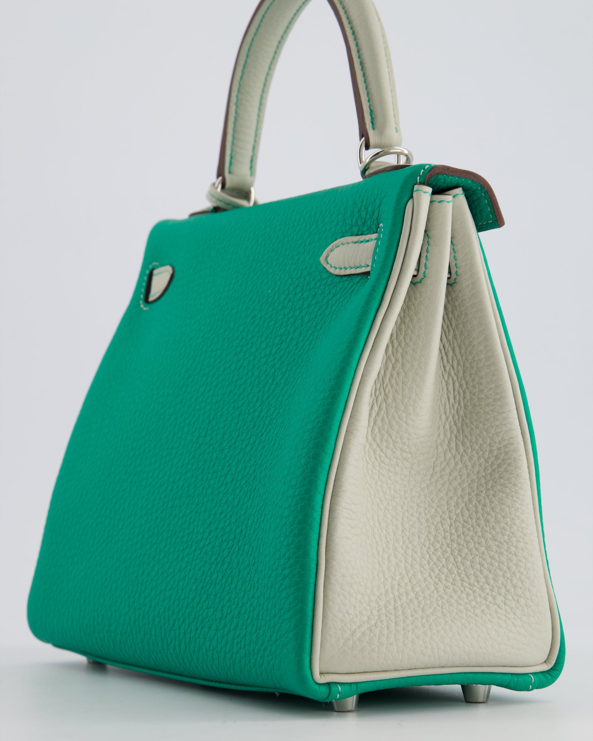 Hermes HSS Kelly Retourne Bi-Colour 25cm Bag in Vert Vertigo & Gris Perle Togo Leather with Palladium Hardware & Contrast Stitching