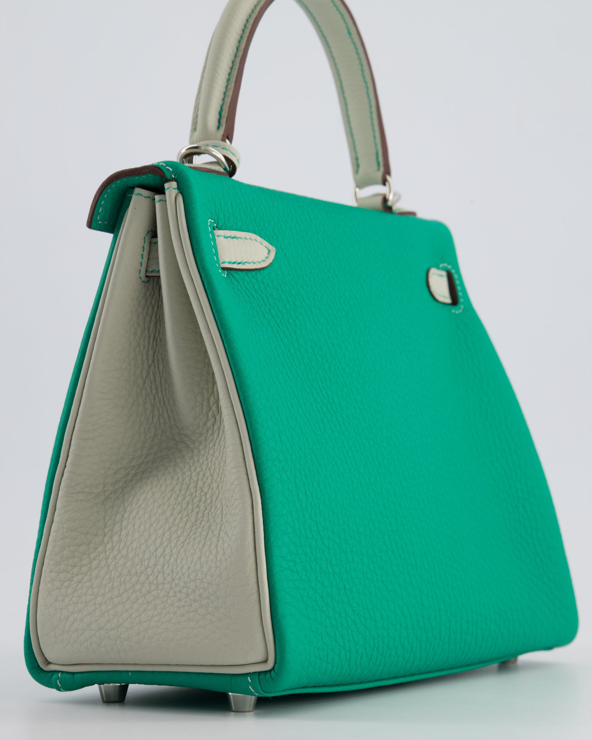 Hermes HSS Kelly Retourne Bi-Colour 25cm Bag in Vert Vertigo & Gris Perle Togo Leather with Palladium Hardware & Contrast Stitching