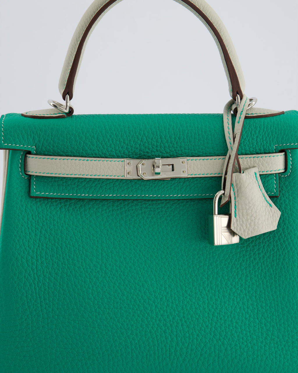 Hermes HSS Kelly Retourne Bi-Colour 25cm Bag in Vert Vertigo & Gris Perle Togo Leather with Palladium Hardware & Contrast Stitching