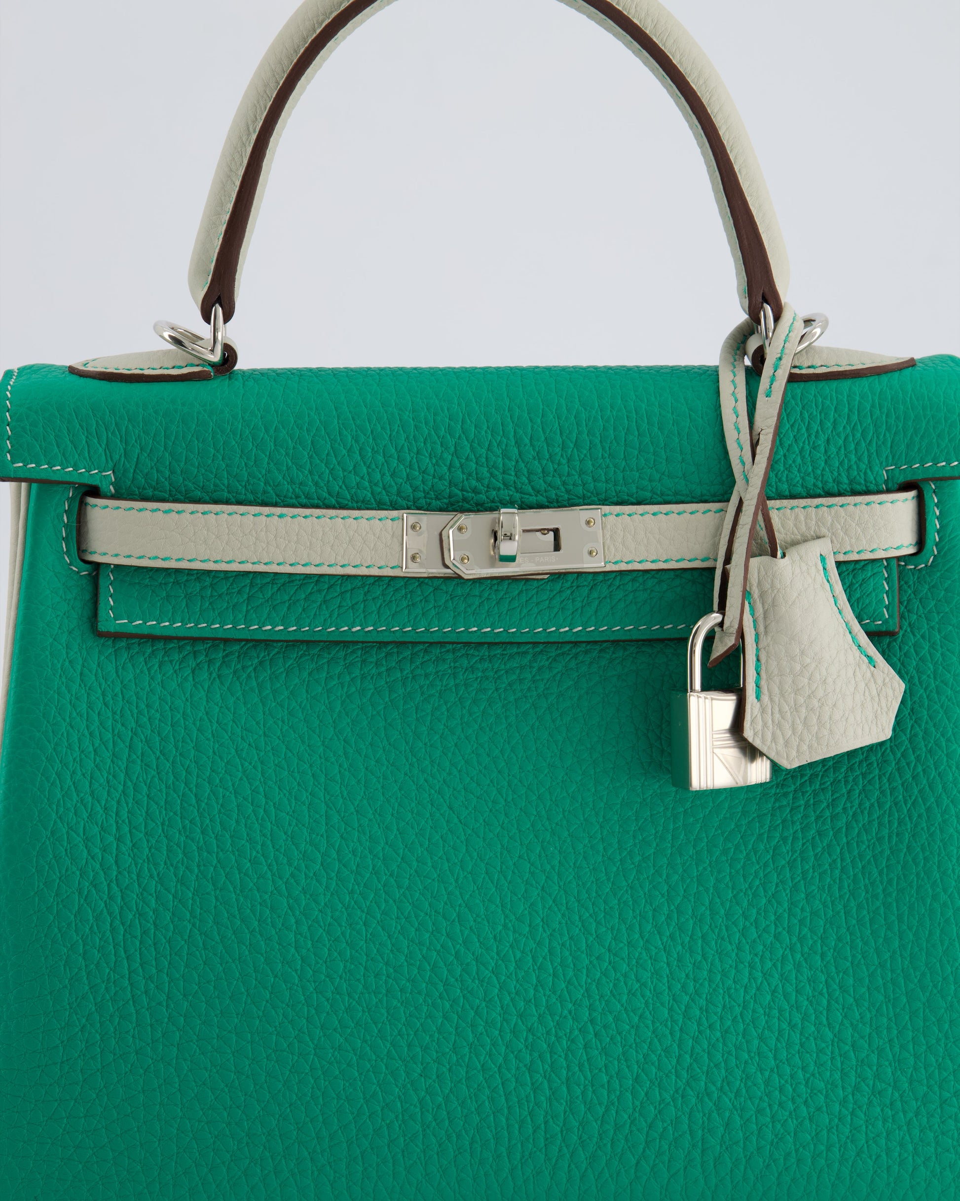 Hermes HSS Kelly Retourne Bi-Colour 25cm Bag in Vert Vertigo & Gris Perle Togo Leather with Palladium Hardware & Contrast Stitching