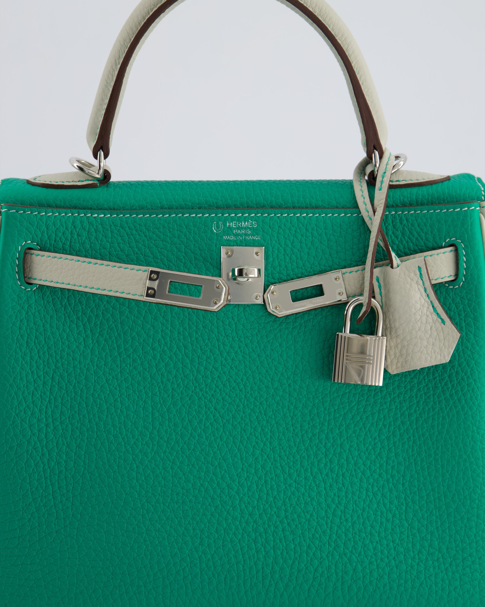Hermes HSS Kelly Retourne Bi-Colour 25cm Bag in Vert Vertigo & Gris Perle Togo Leather with Palladium Hardware & Contrast Stitching