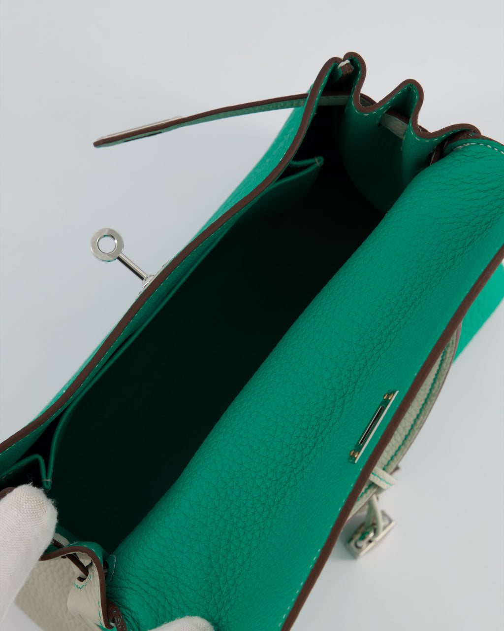 Hermes HSS Kelly Retourne Bi-Colour 25cm Bag in Vert Vertigo & Gris Perle Togo Leather with Palladium Hardware & Contrast Stitching