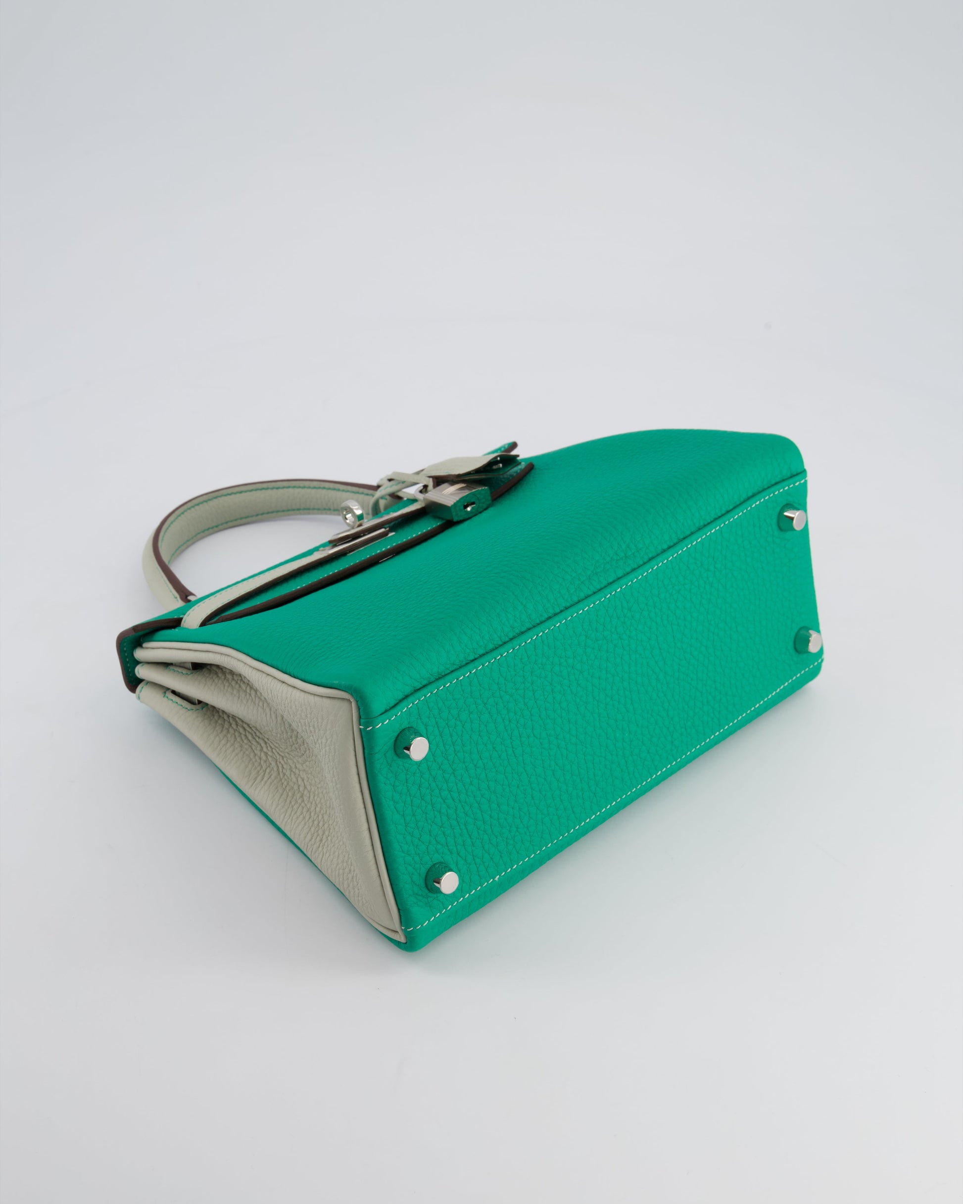 Hermes HSS Kelly Retourne Bi-Colour 25cm Bag in Vert Vertigo & Gris Perle Togo Leather with Palladium Hardware & Contrast Stitching