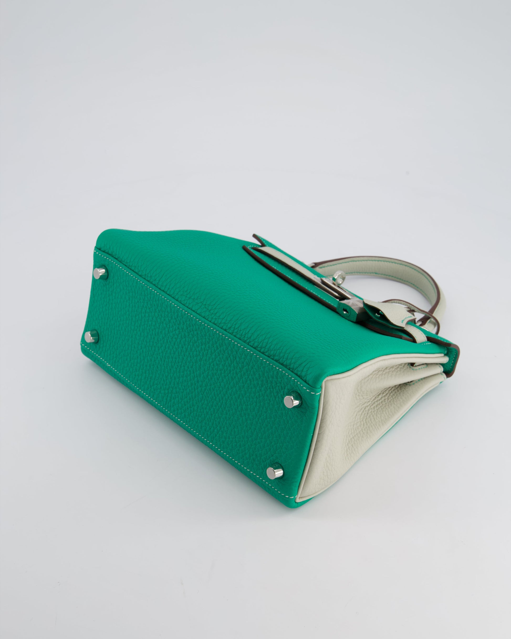 Hermes HSS Kelly Retourne Bi-Colour 25cm Bag in Vert Vertigo & Gris Perle Togo Leather with Palladium Hardware & Contrast Stitching