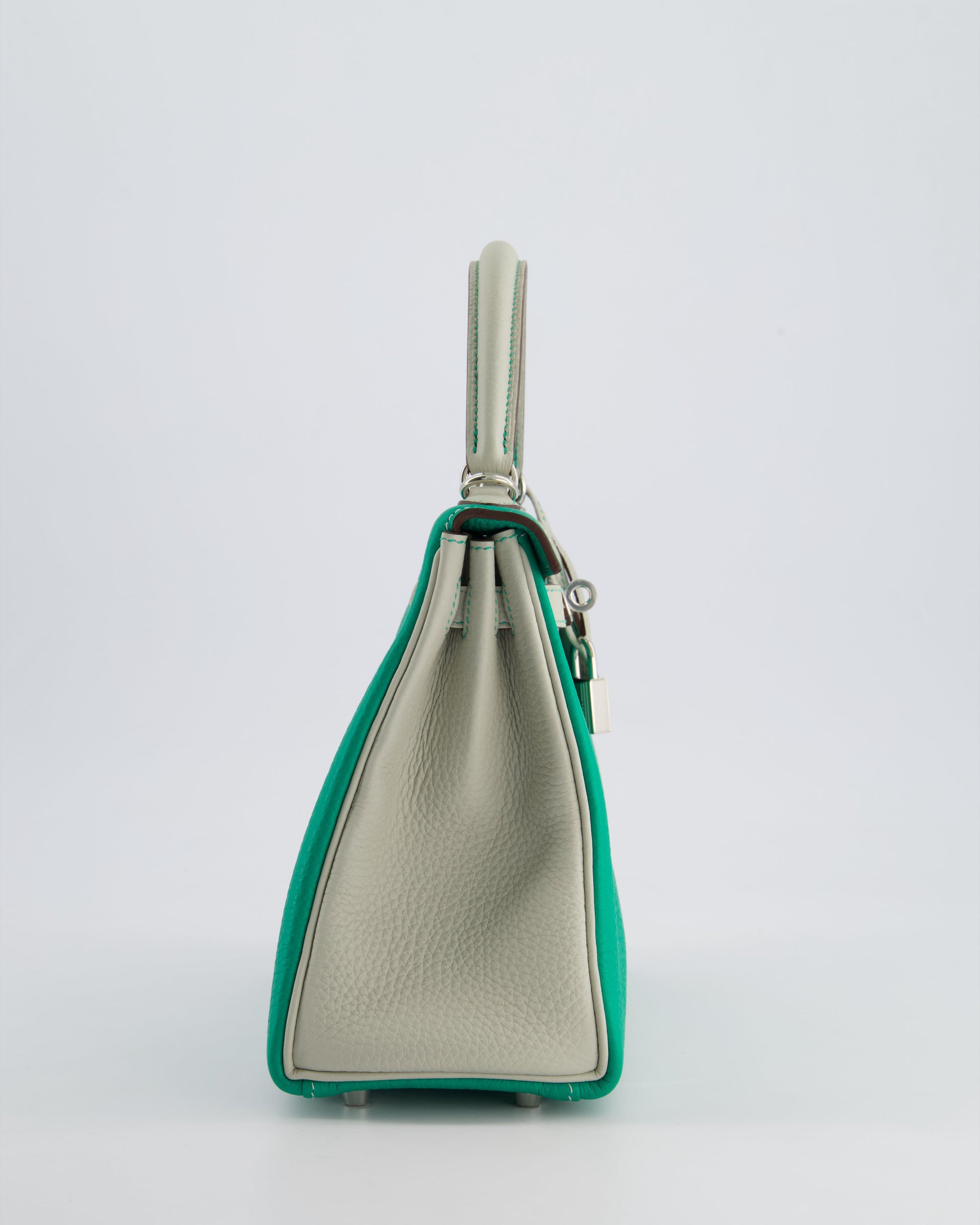 Hermes HSS Kelly Retourne Bi-Colour 25cm Bag in Vert Vertigo & Gris Perle Togo Leather with Palladium Hardware & Contrast Stitching