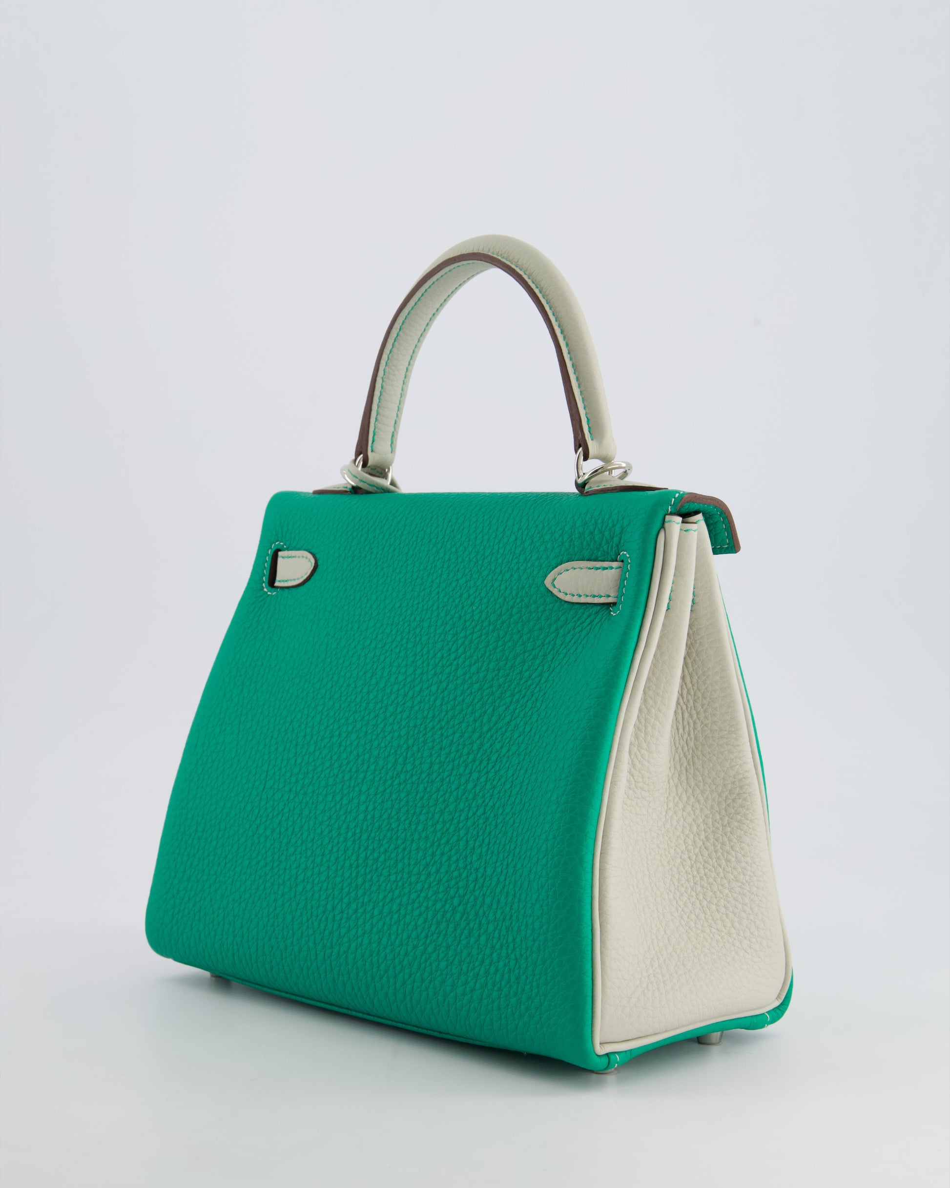 Hermes HSS Kelly Retourne Bi-Colour 25cm Bag in Vert Vertigo & Gris Perle Togo Leather with Palladium Hardware & Contrast Stitching