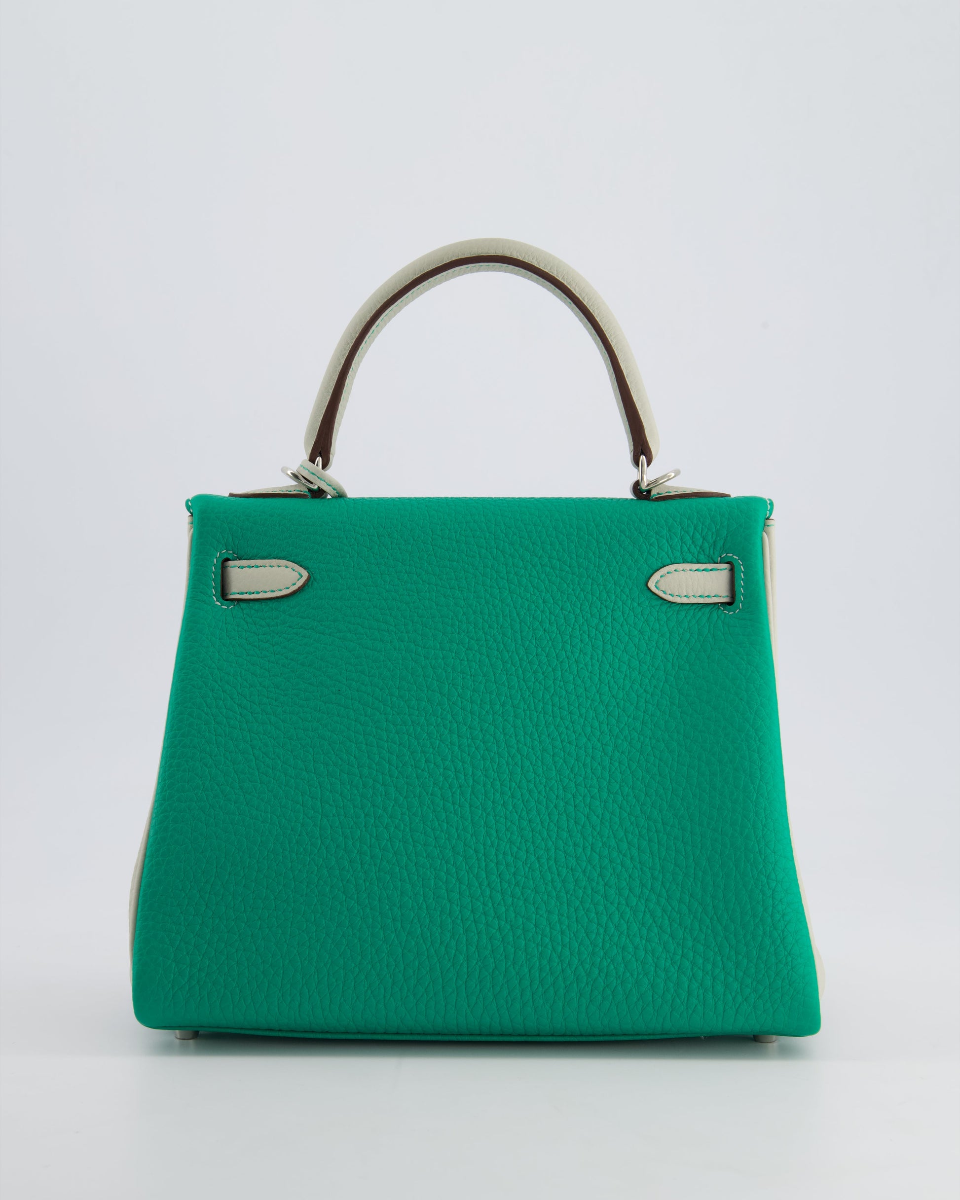 Hermes HSS Kelly Retourne Bi-Colour 25cm Bag in Vert Vertigo & Gris Perle Togo Leather with Palladium Hardware & Contrast Stitching