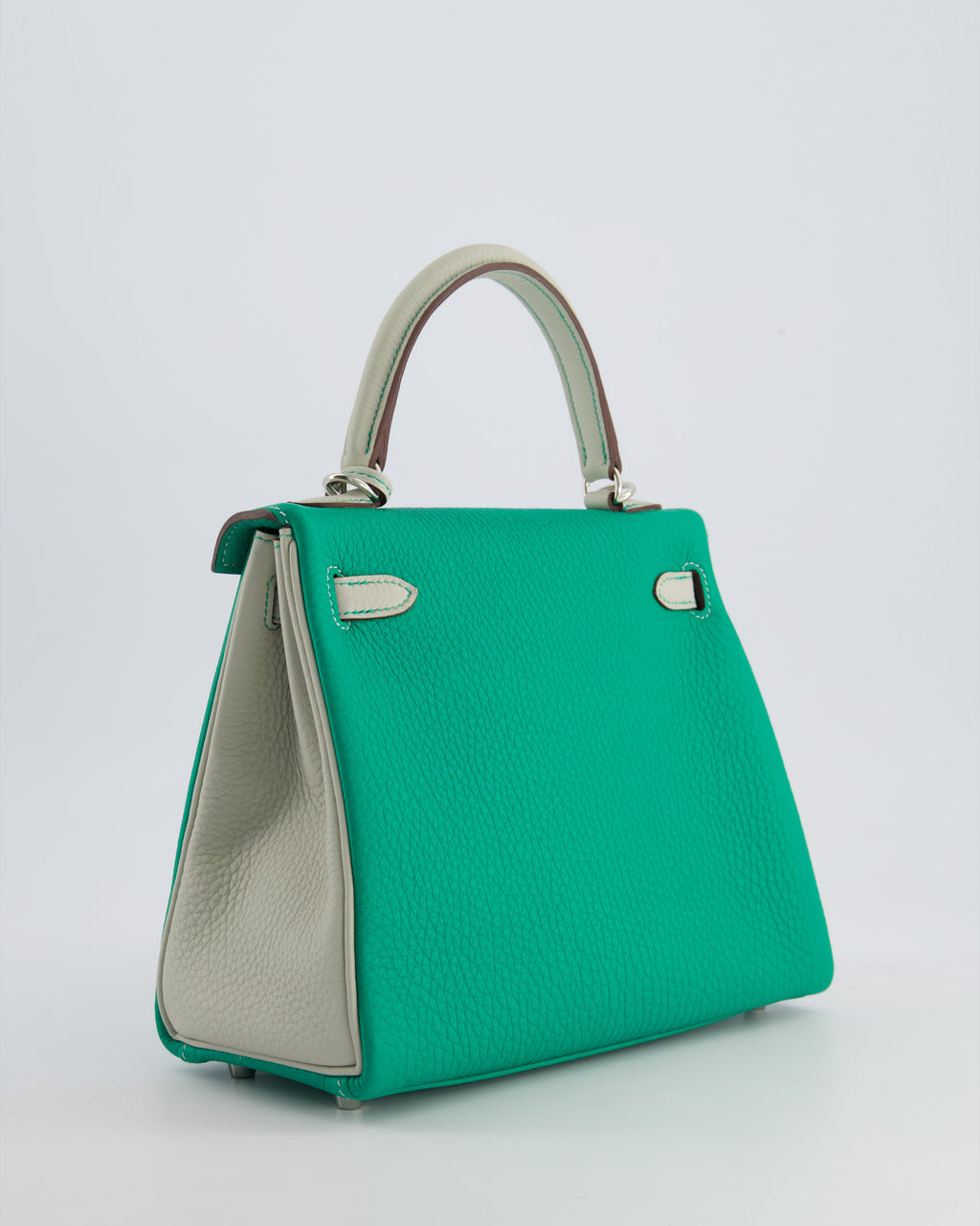 Hermes HSS Kelly Retourne Bi-Colour 25cm Bag in Vert Vertigo & Gris Perle Togo Leather with Palladium Hardware & Contrast Stitching