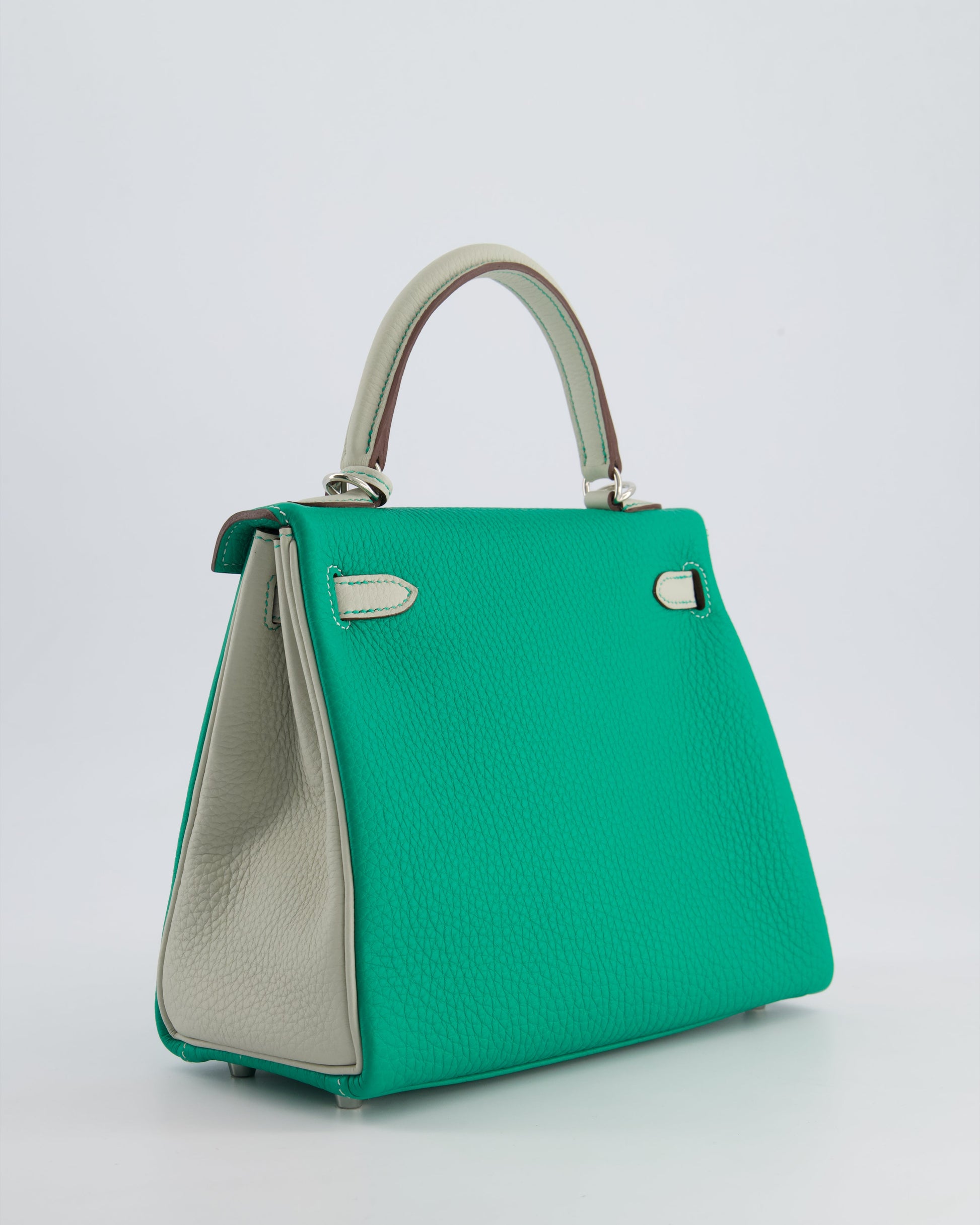 Hermes HSS Kelly Retourne Bi-Colour 25cm Bag in Vert Vertigo & Gris Perle Togo Leather with Palladium Hardware & Contrast Stitching