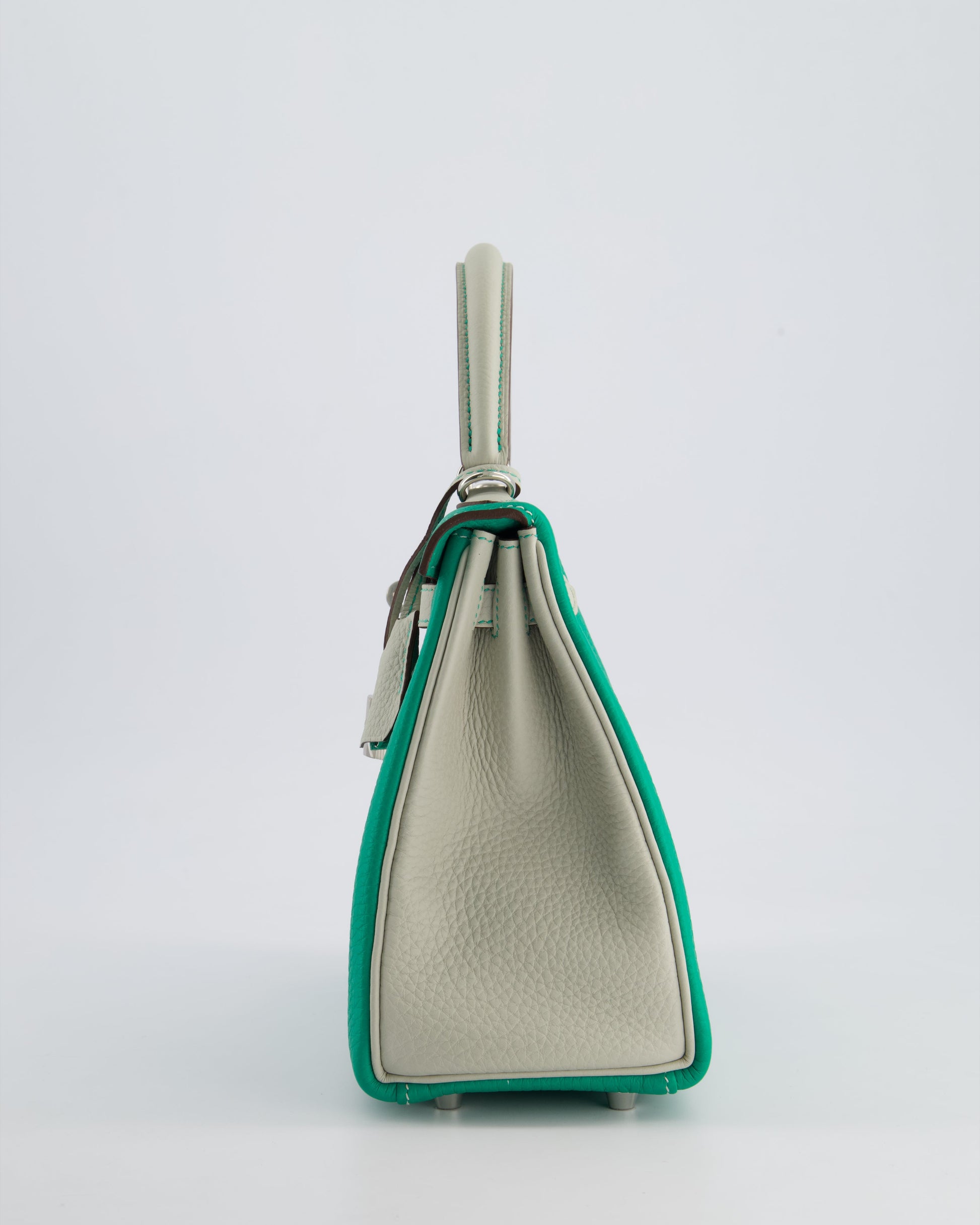Hermes HSS Kelly Retourne Bi-Colour 25cm Bag in Vert Vertigo & Gris Perle Togo Leather with Palladium Hardware & Contrast Stitching