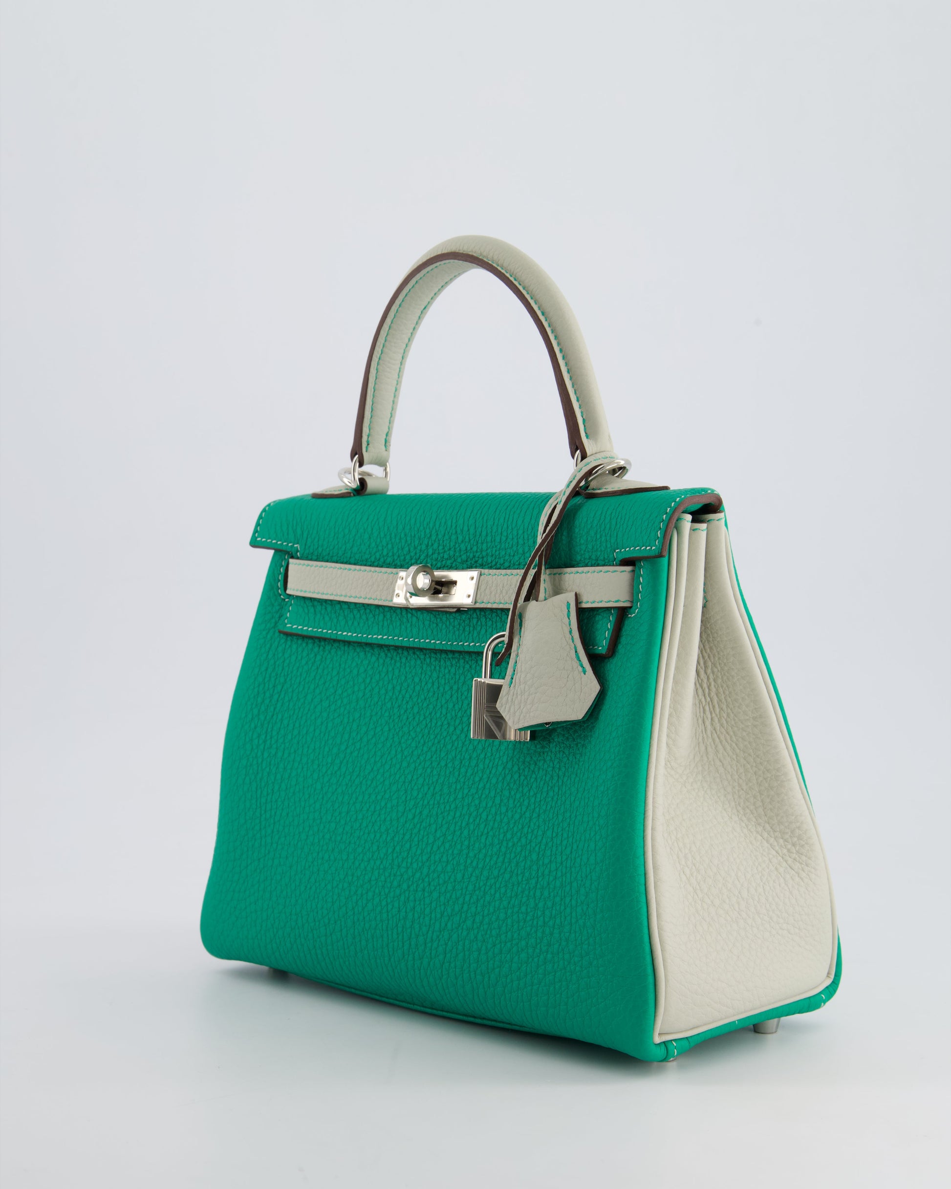 Hermes HSS Kelly Retourne Bi-Colour 25cm Bag in Vert Vertigo & Gris Perle Togo Leather with Palladium Hardware & Contrast Stitching