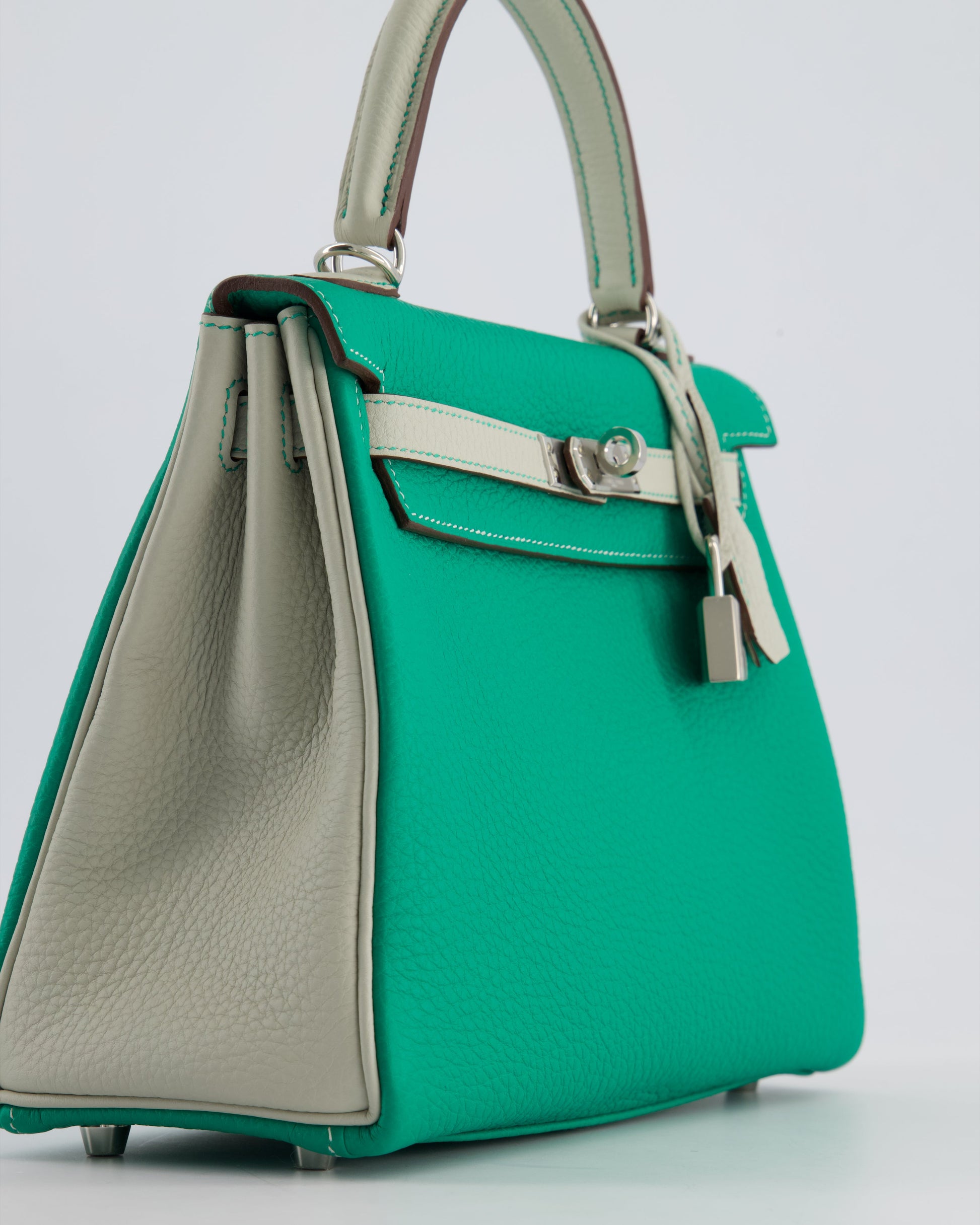 Hermes HSS Kelly Retourne Bi-Colour 25cm Bag in Vert Vertigo & Gris Perle Togo Leather with Palladium Hardware & Contrast Stitching