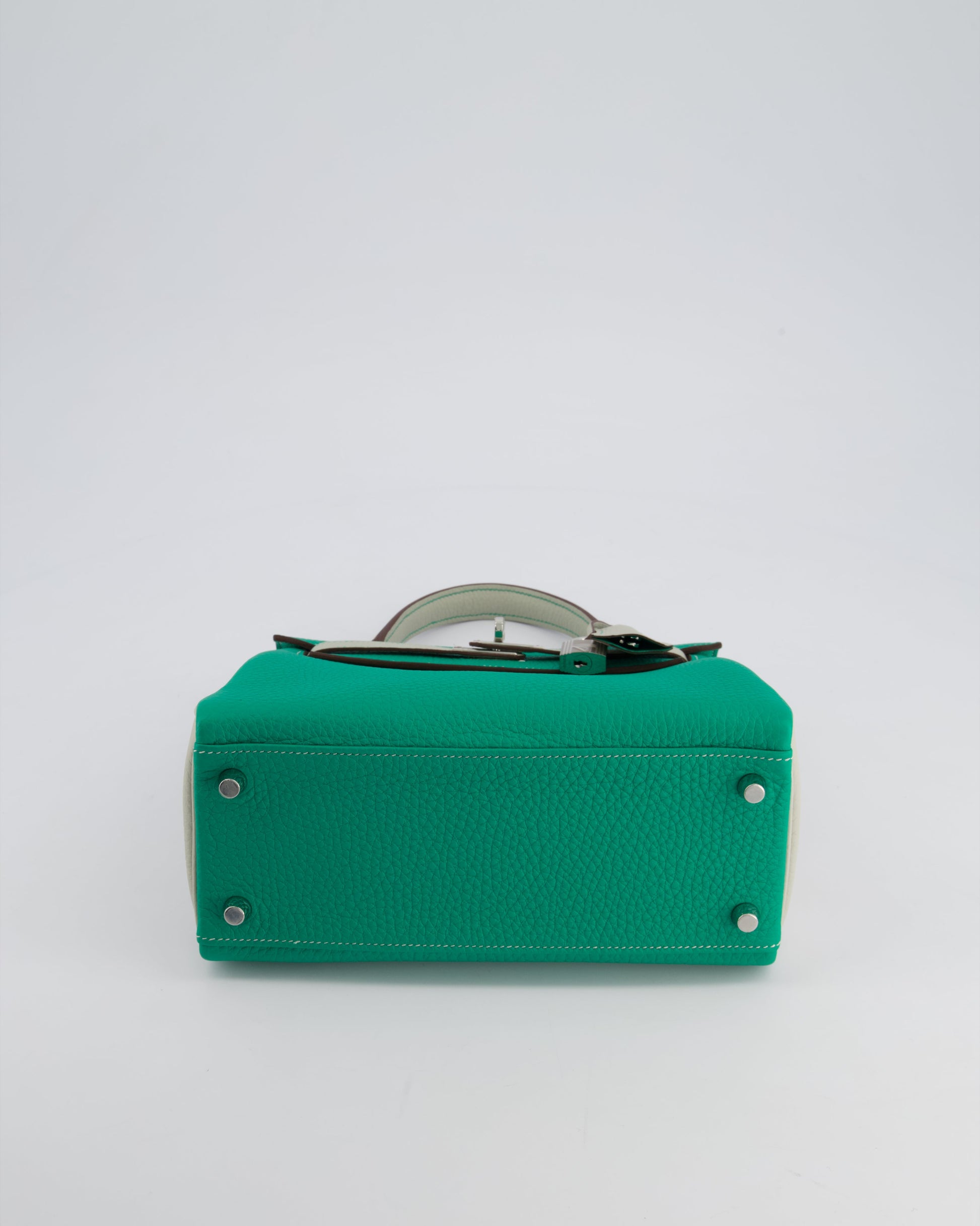 Hermes HSS Kelly Retourne Bi-Colour 25cm Bag in Vert Vertigo & Gris Perle Togo Leather with Palladium Hardware & Contrast Stitching