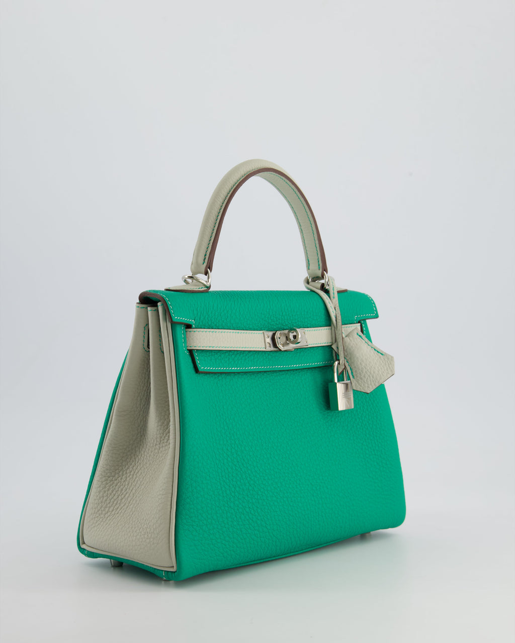 Hermes HSS Kelly Retourne Bi-Colour 25cm Bag in Vert Vertigo & Gris Perle Togo Leather with Palladium Hardware & Contrast Stitching